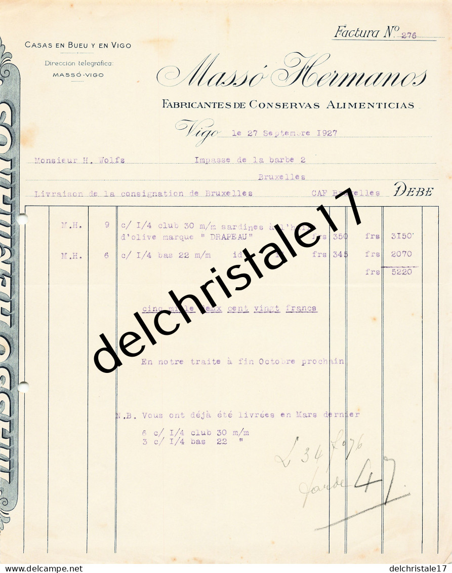 96 0698 ESPAGNE VIGO 1927 Fabrique De Conserves Alimentaires MASSO HERMANOS Dest WOLFS - Spain