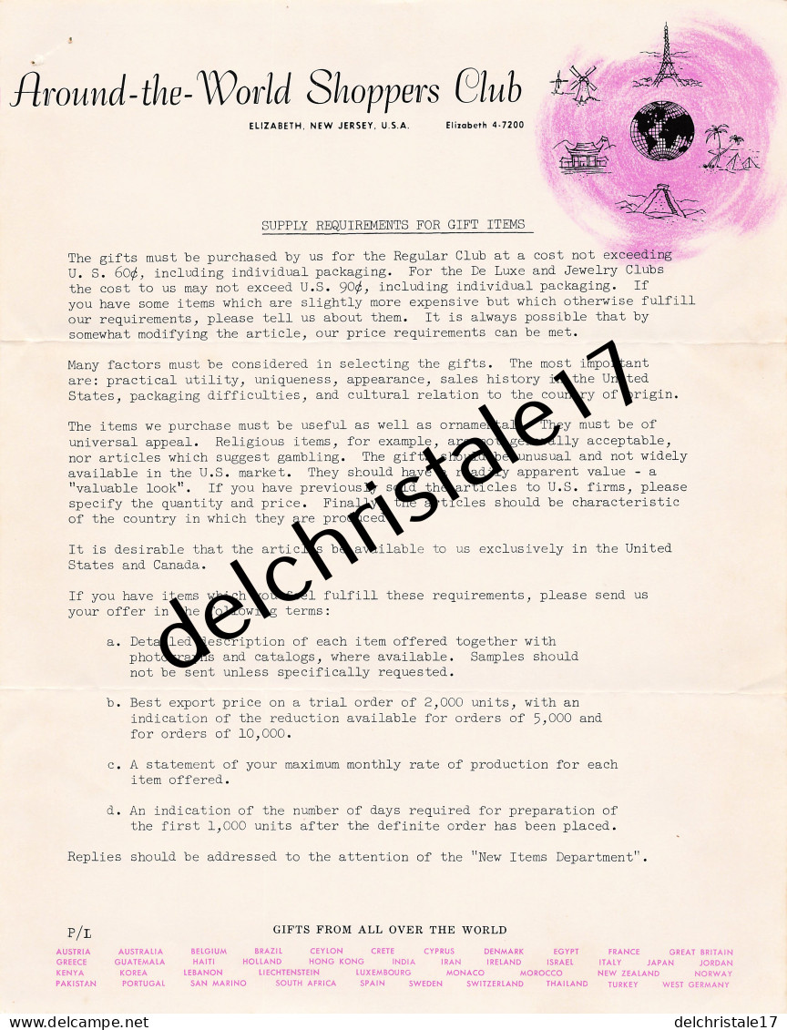 96 0681 ELIZABETH NEW JERSEY USA 1958 Entete AROUND THE WORLD SHOPPERS CLUB Signée Charles SPILKA  - Estados Unidos
