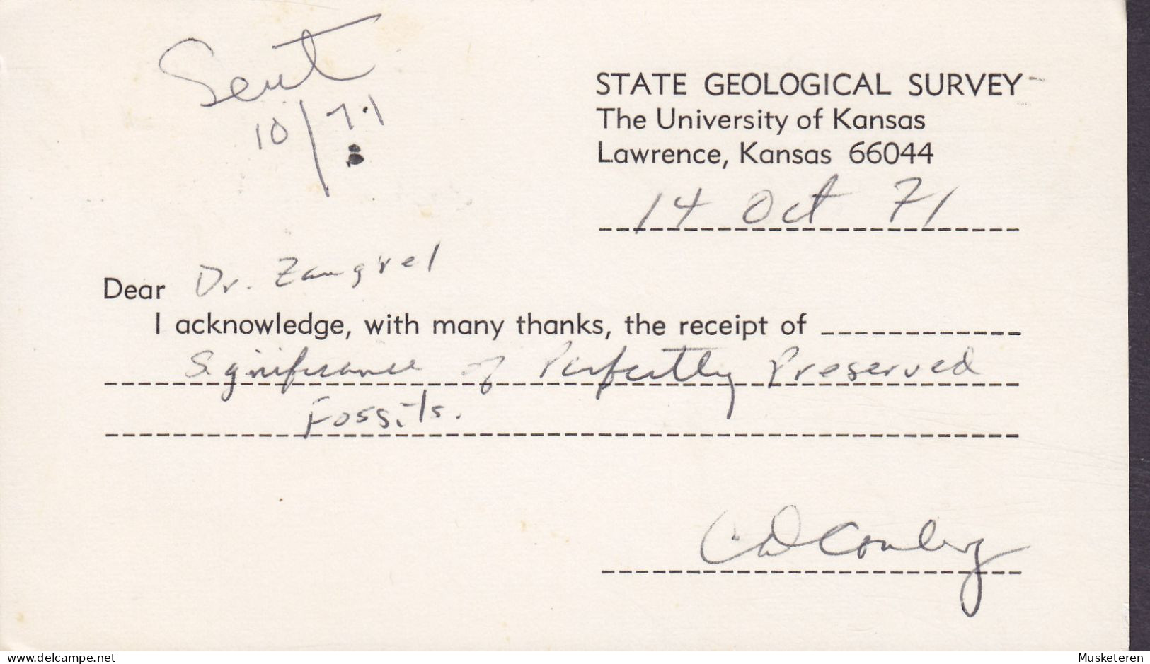 United States Perfin Perforé Lochung 'K In U' State Geological Survey University Of Kansas LAWRENCE Kans. 1971 (3 Scans) - Perforados