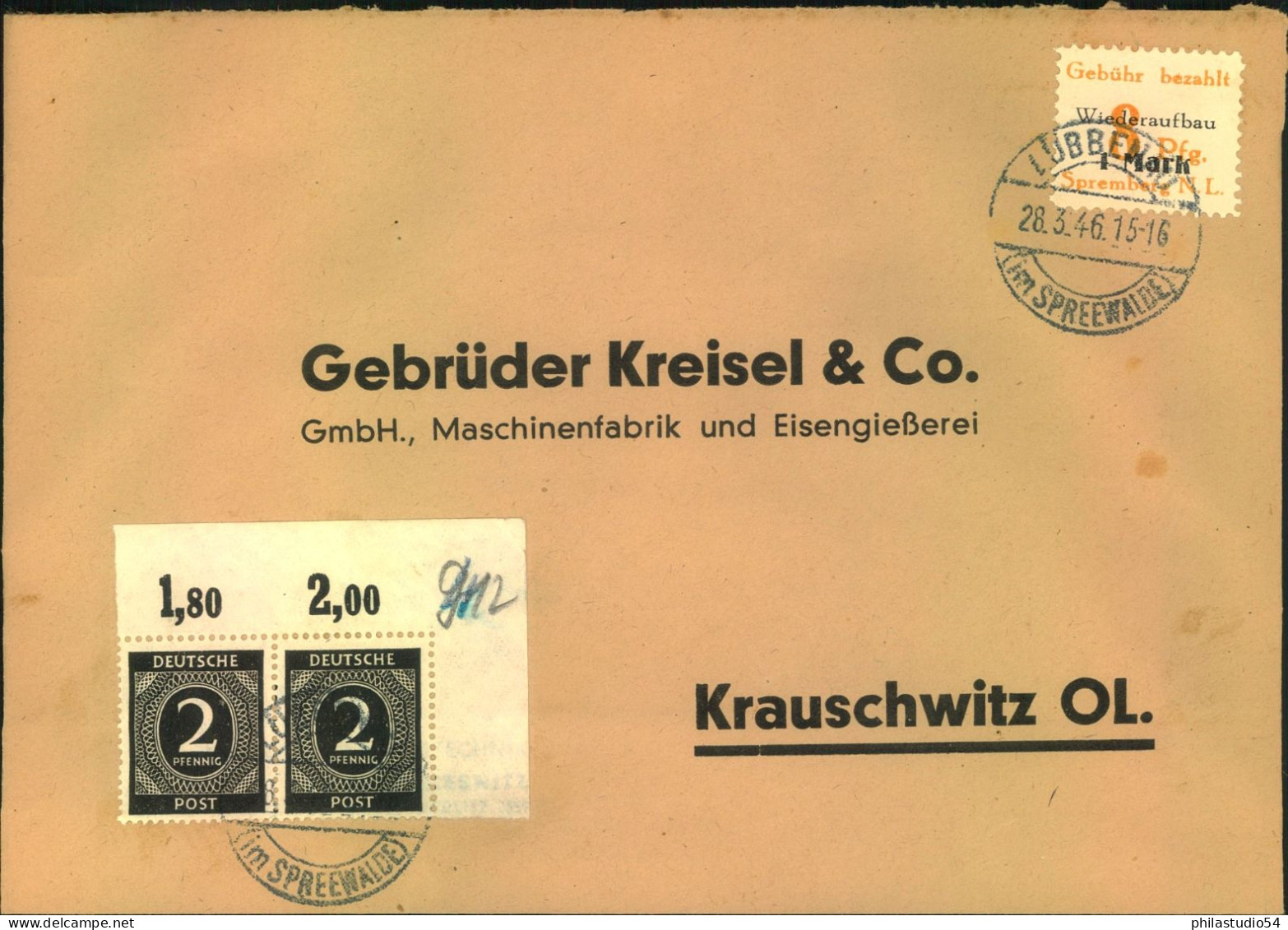 1947, Bruef Aus LÜBBEN Mit 8 Pf. "Wiederaufbau Und Eckrandpaar 2 Pf.. Ziffer - Briefe U. Dokumente