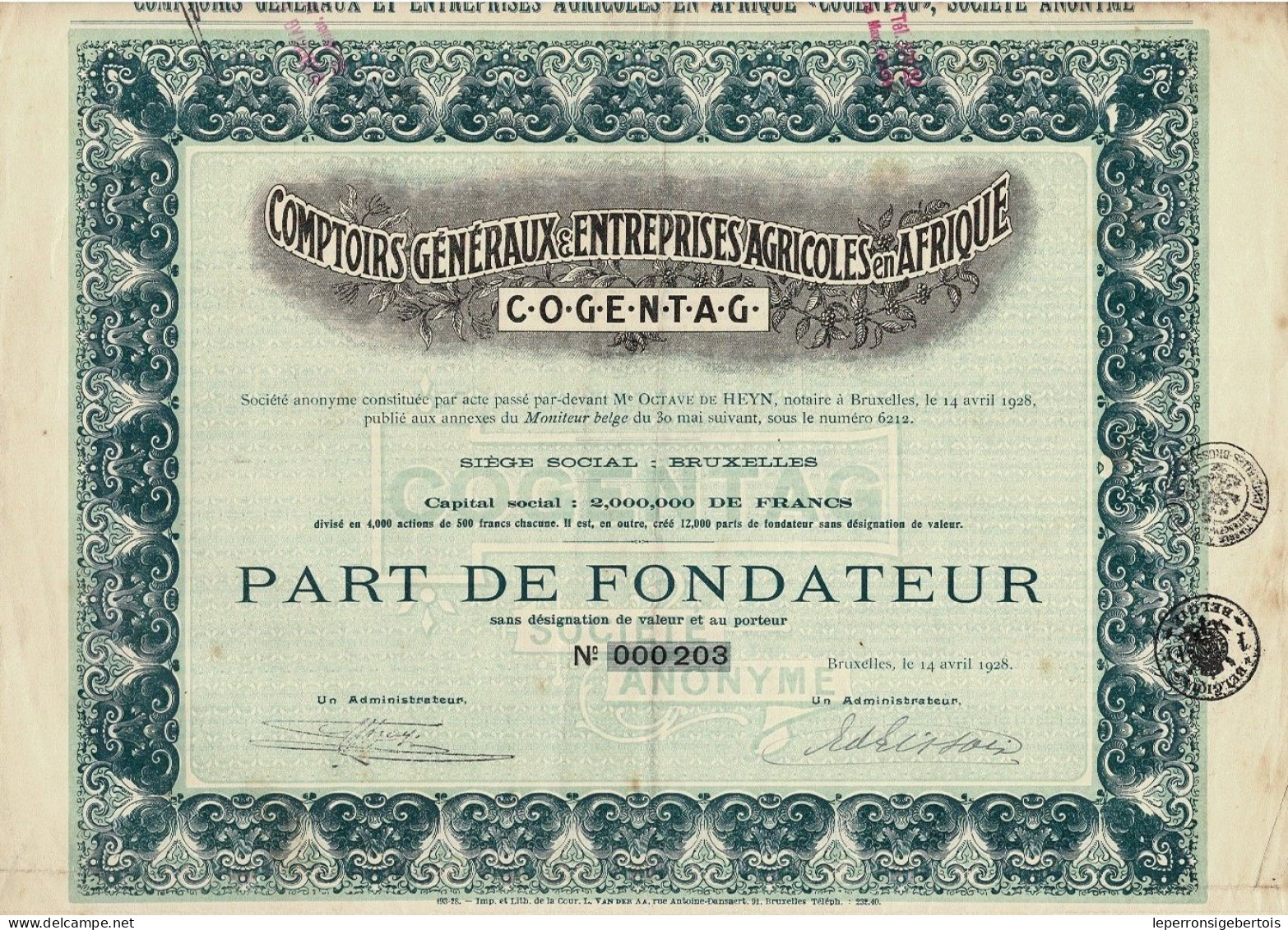 Titre De 1928 - Comptoirs Généraux & Entreprise Agricoles En Afrique - C.O.G.E.N.T.A.G. - Afrika