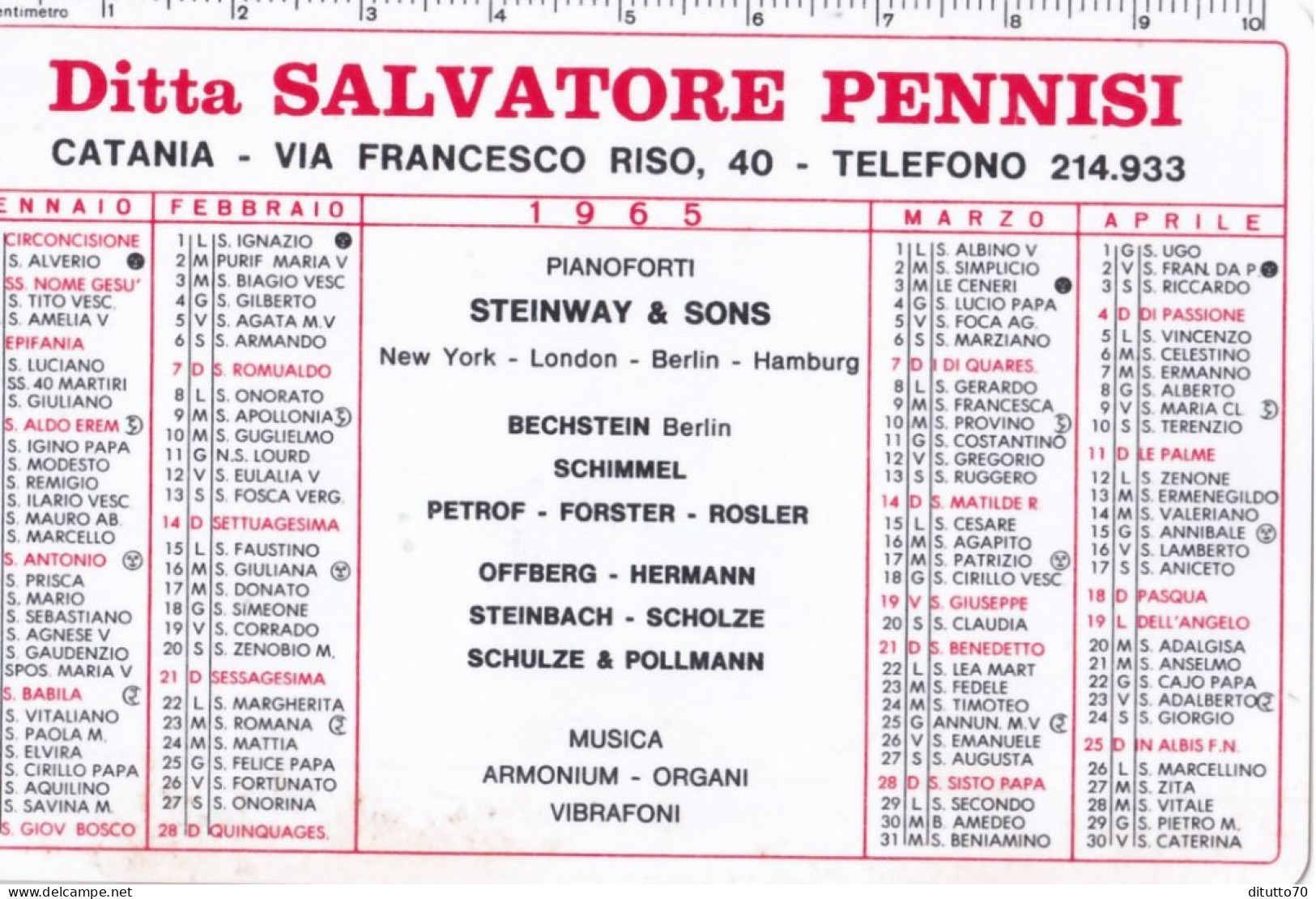 Calendarietto - Ditta Salvatore Pennisi - Catania - Anno 1965 - Petit Format : 1961-70