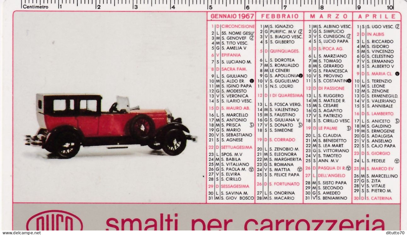 Calendarietto - Duco - Smalti Per Carrozzeria - Anno 1967 - Petit Format : 1961-70