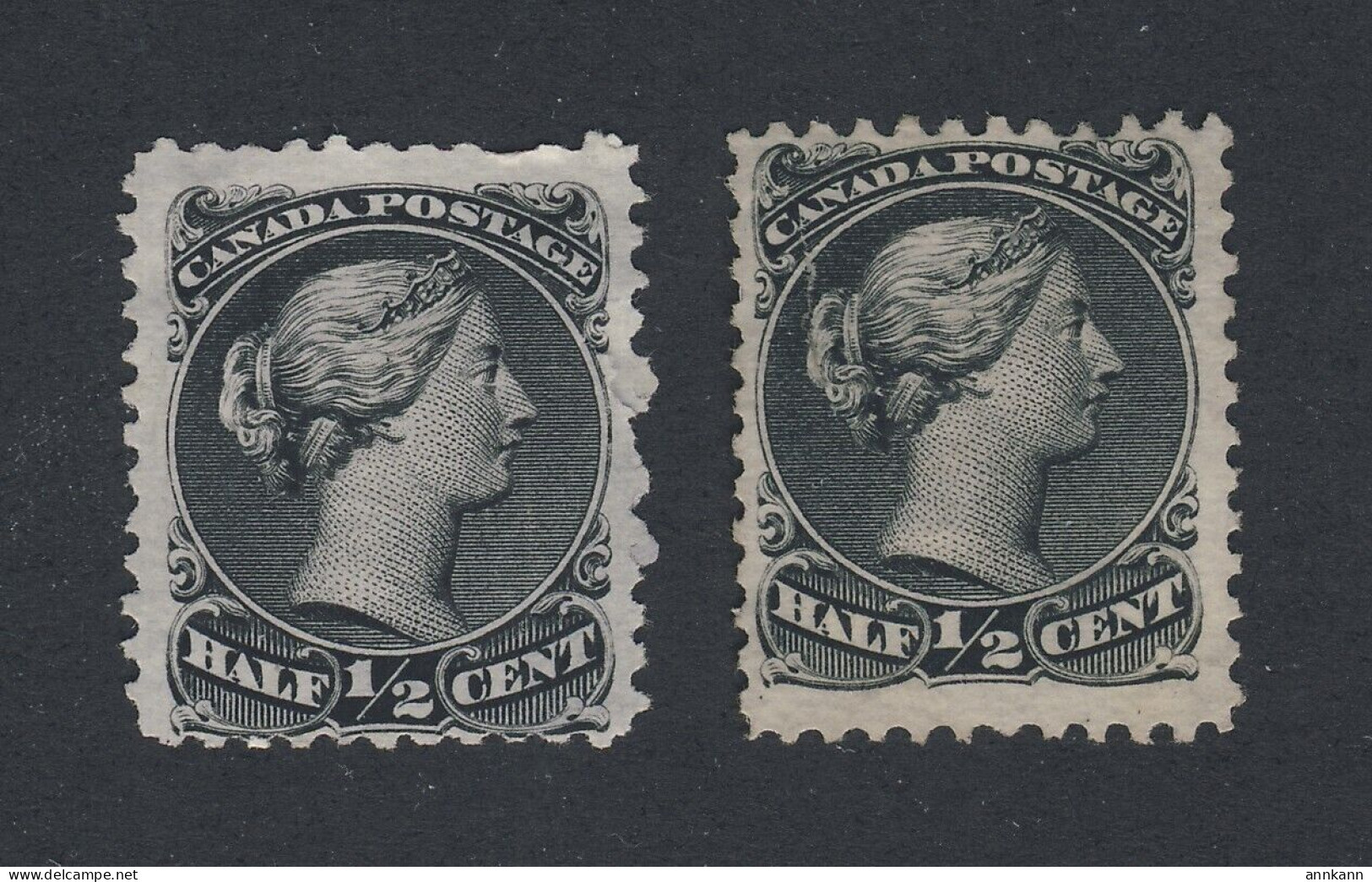 2x Canada Large Queen Stamps; 2x #21-1/2c 1xF/VF 1xF MNG Guide Value = $150.00 - Unused Stamps