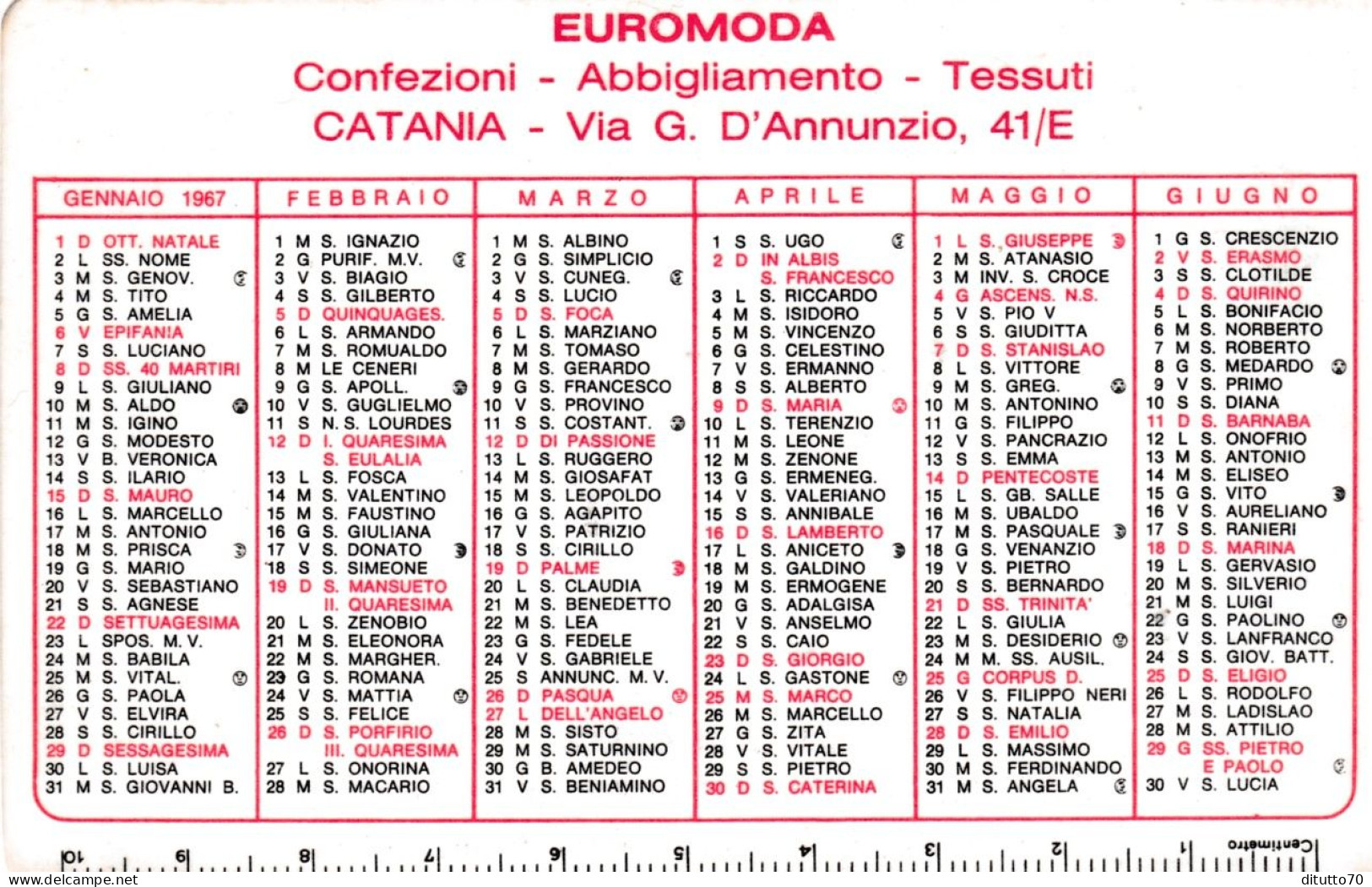 Calendarietto - Euromoda - Catania - Anno 1967 - Petit Format : 1961-70
