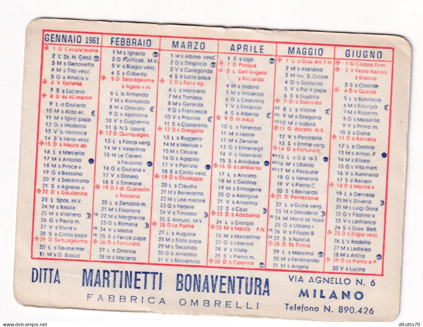 Calendarietto - Fabbrica Ombrelli - Ditta Martinetti Bonaventura - Milano - Anno 1961 - Petit Format : 1961-70