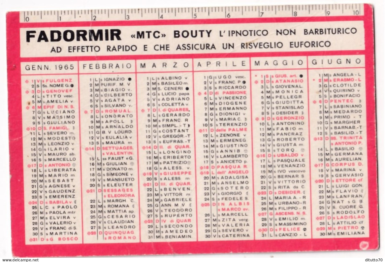 Calendarietto - Farmacia Dott.taverna - Fadormir - Firenze -anno 1965 - Petit Format : 1961-70