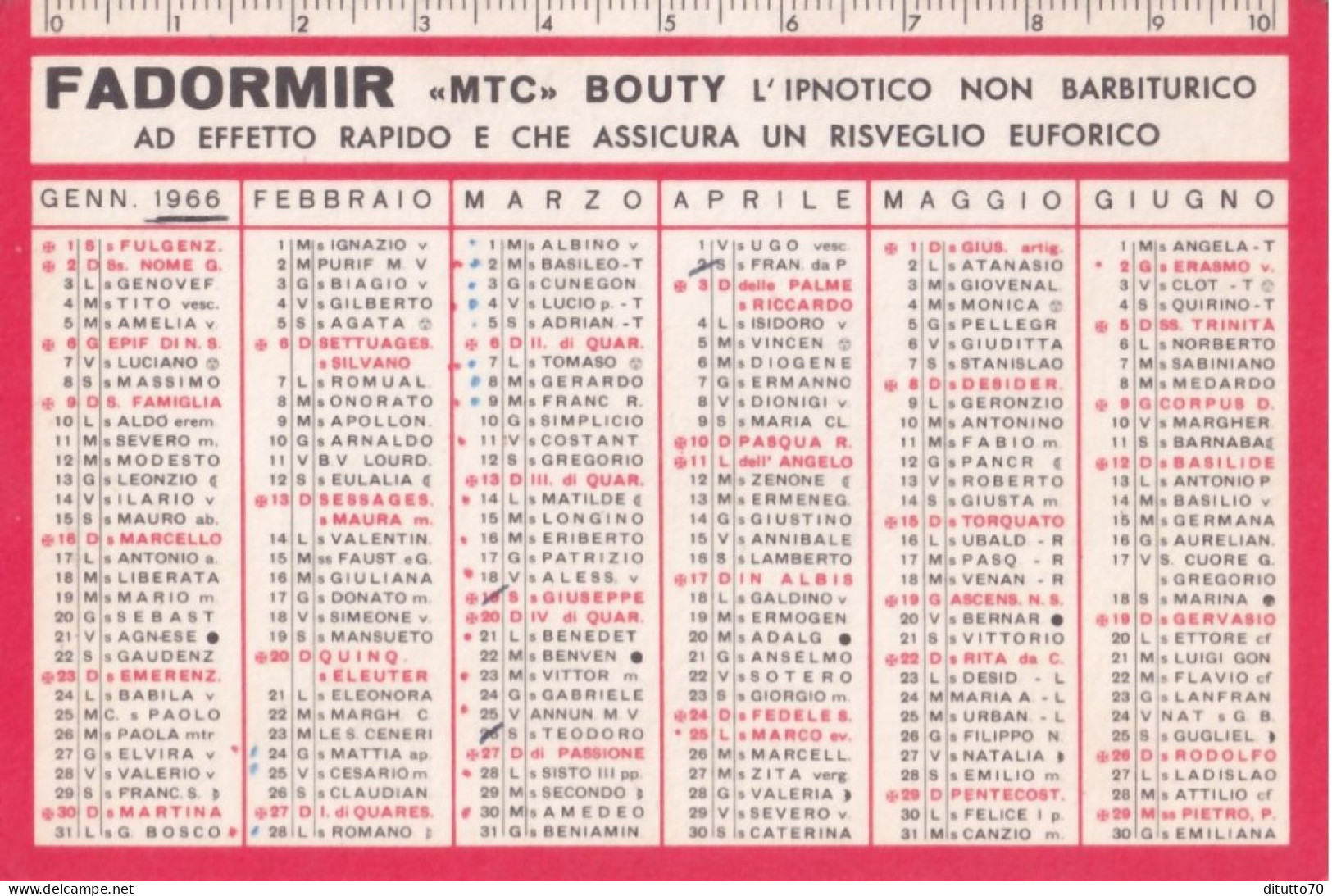 Calendarietto - Farmacia Dott.taverna - Fadormir - Firenze -anno 1966 - Petit Format : 1961-70