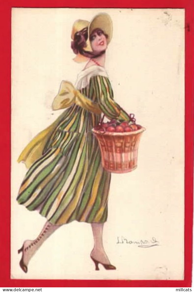 LUIGI BOMPARD      ART DECO GLAMOUR LADY WITH BASKET OF PEACHES   + BONNET  FASHION - Bompard, S.