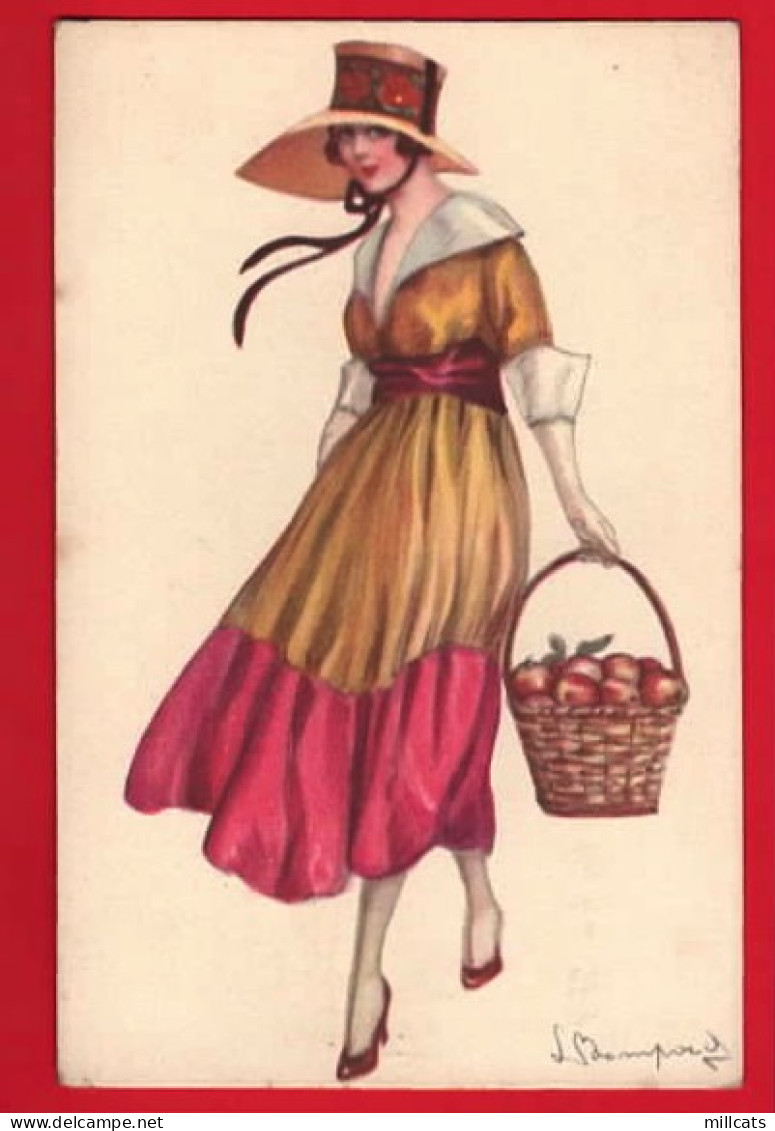 LUIGI BOMPARD      ART DECO GLAMOUR LADY WITH BASKET OF APPLES  + BONNET  FASHION - Bompard, S.