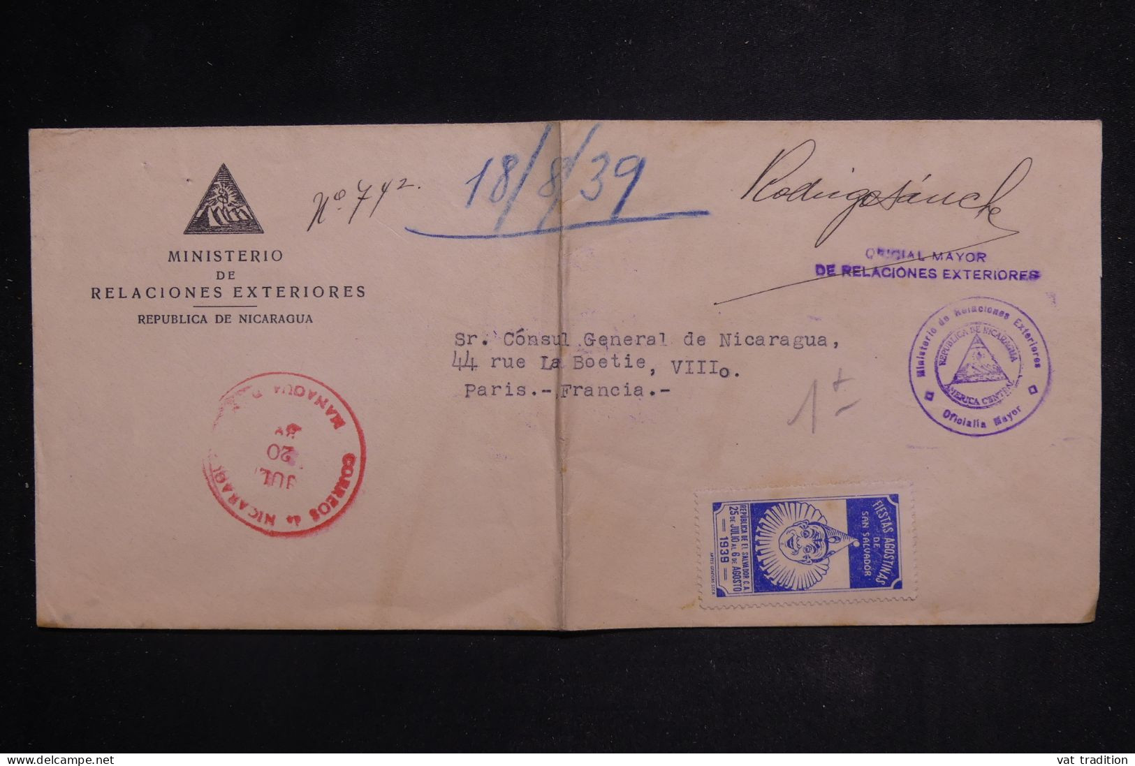 NICARAGUA - Enveloppe Du Ministère Des Relations Extérieurs Pour Paris En 1939   - L 149888 - Nicaragua