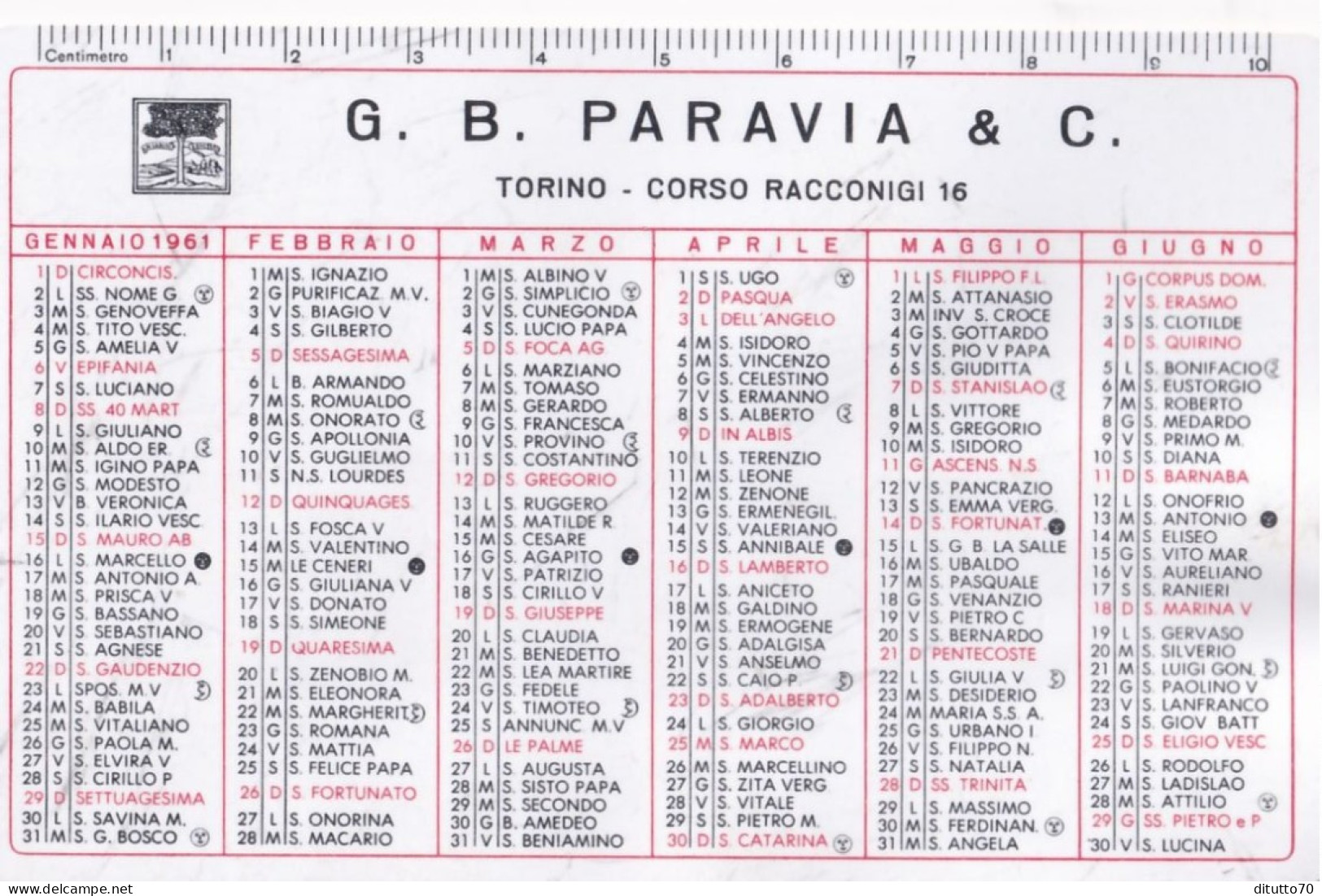 Calendarietto - G.b. Paravia E C. - Anno 1961 - Petit Format : 1961-70