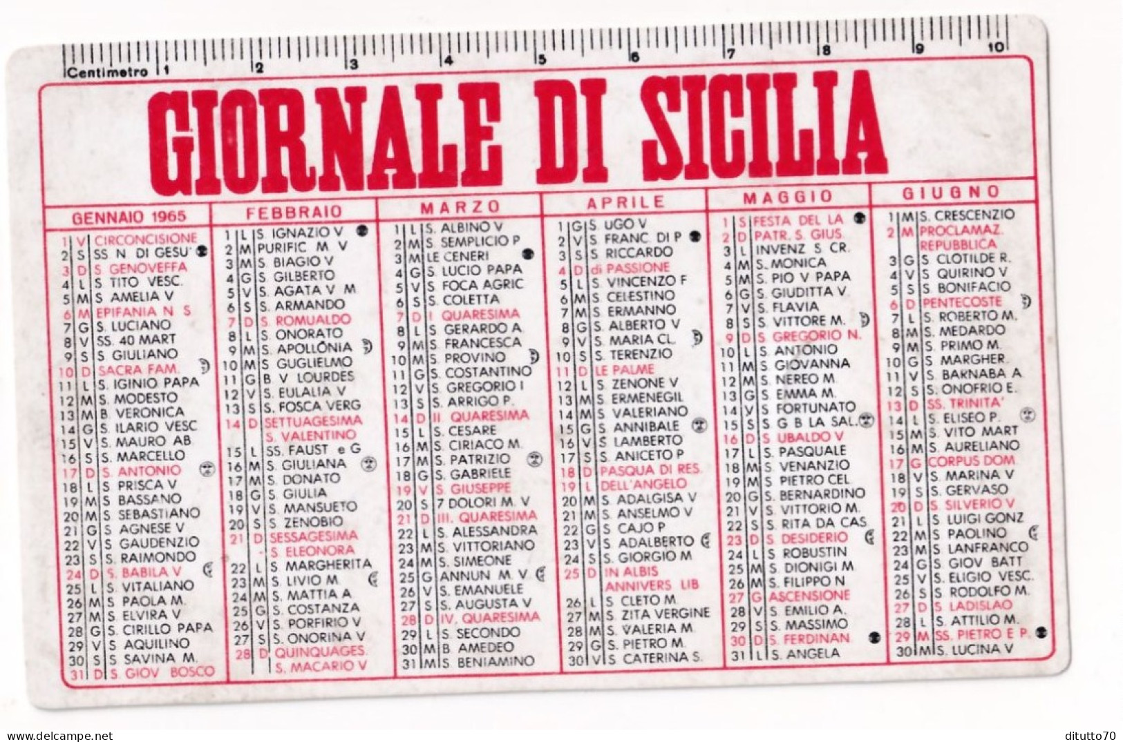 Calendarietto - Giornale Di Sicilia - Anno 1965 - Petit Format : 1961-70