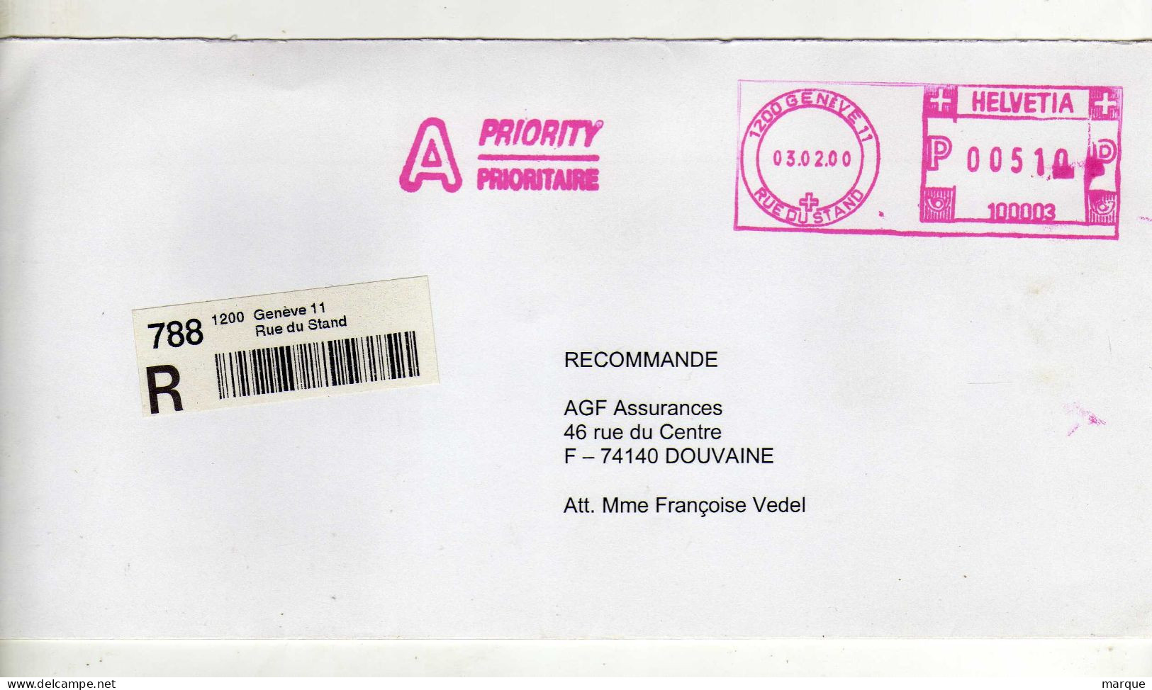Enveloppe SUISSE HELVETIA Oblitération E.M.A. 1200 GENEVE 1 03/02/2000 - Marcophilie