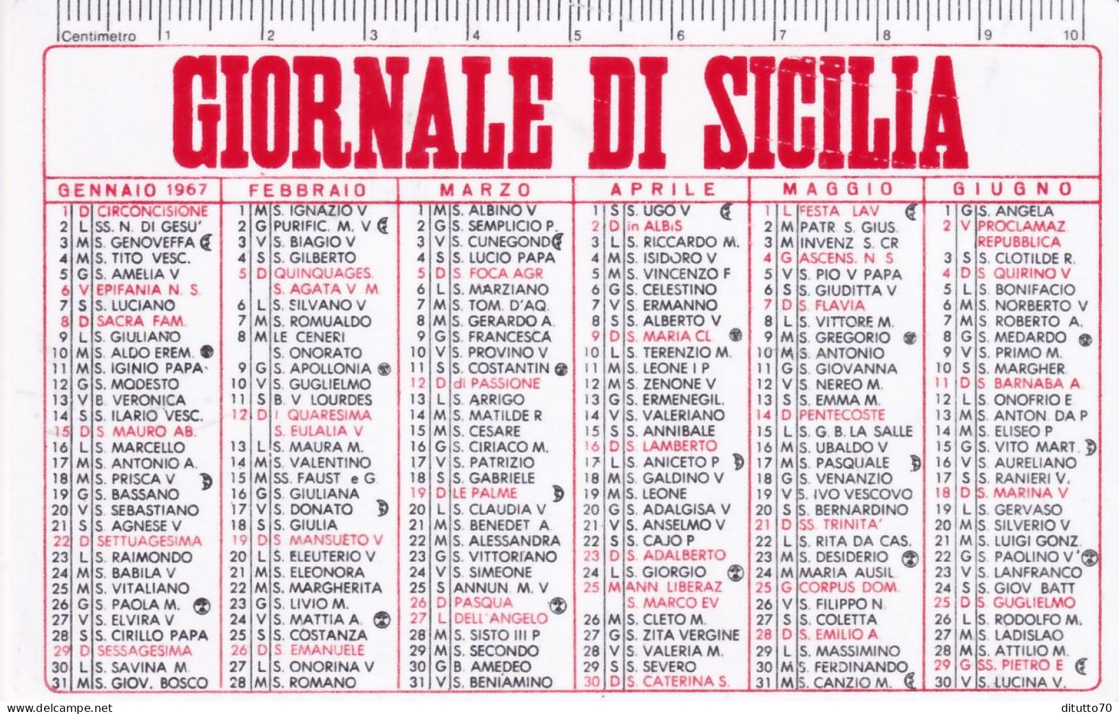 Calendarietto - Giornale Di Sicilia - Anno 1967 - Petit Format : 1961-70