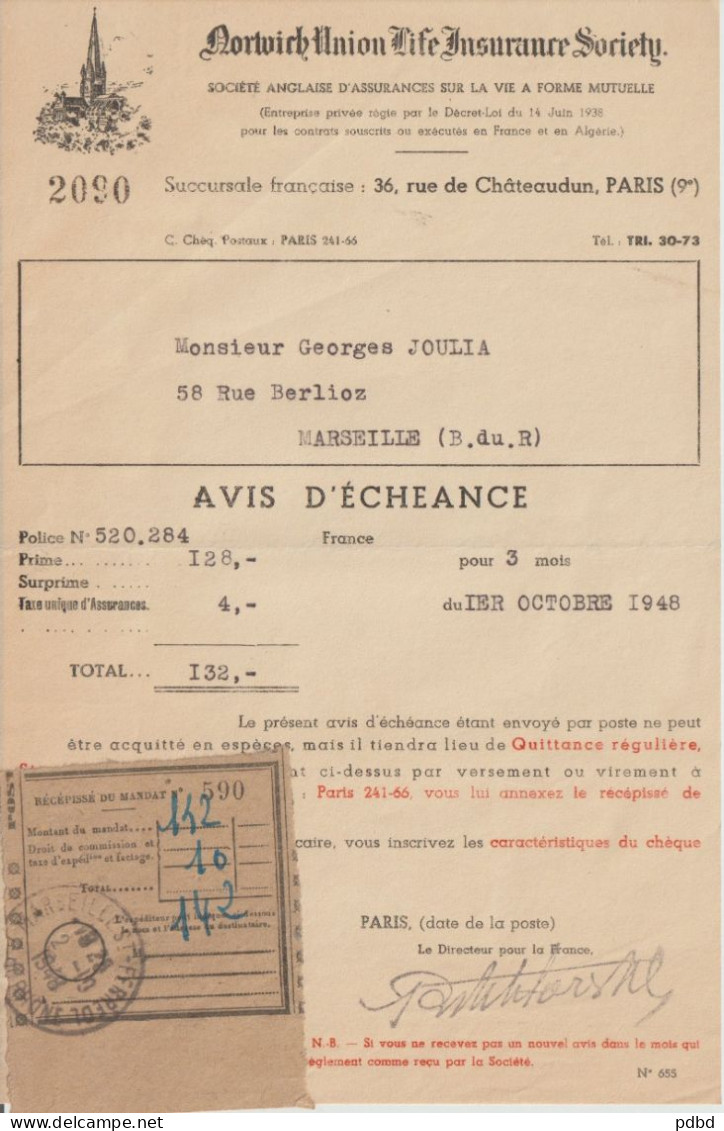 Facture . Nortwich Union Life Assurance Society .  Rue De Chateaudun . Paris . 1948 . - Banco & Caja De Ahorros