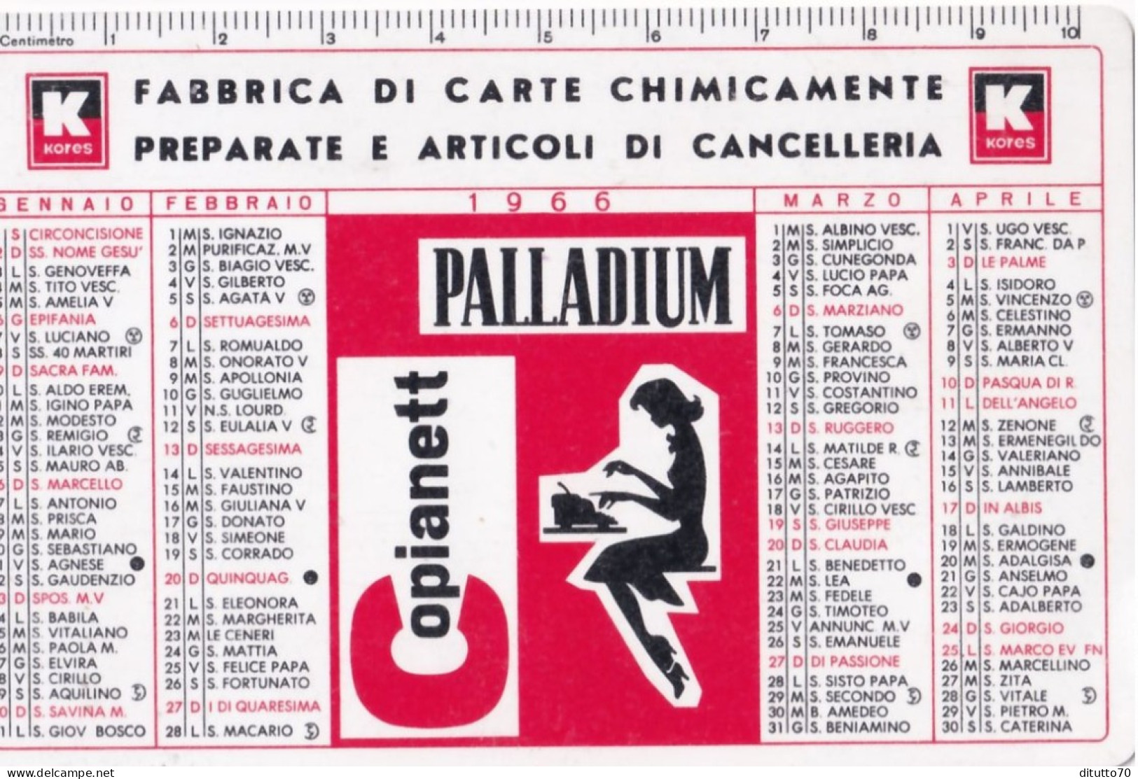 Calendarietto - Kores - Palladium - Copiamett - Milano - Roma - Anno 1966 - Petit Format : 1961-70