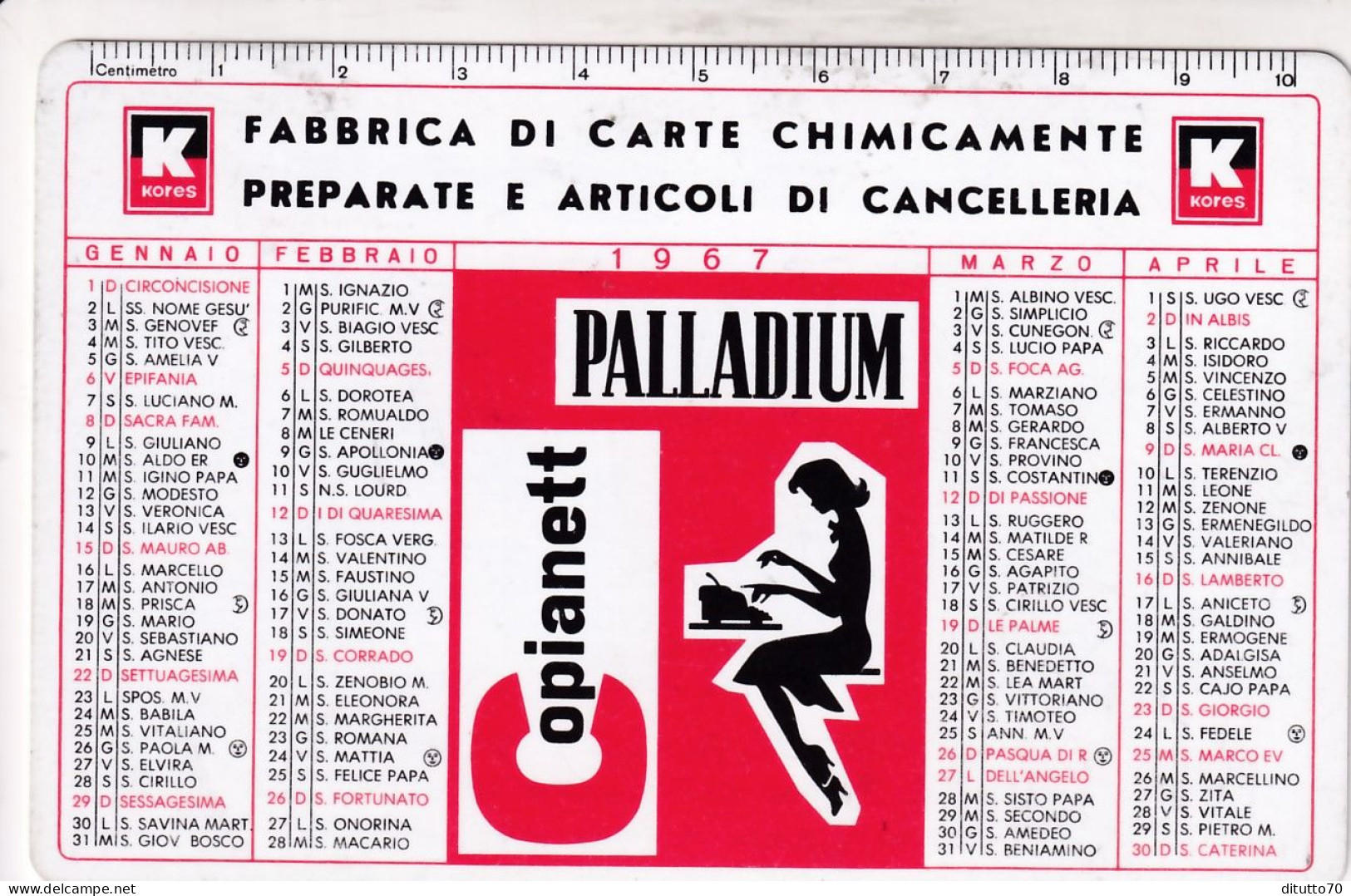 Calendarietto - Kores - Palladium - Copiamett - Milano - Roma - Anno 1967 - Small : 1961-70