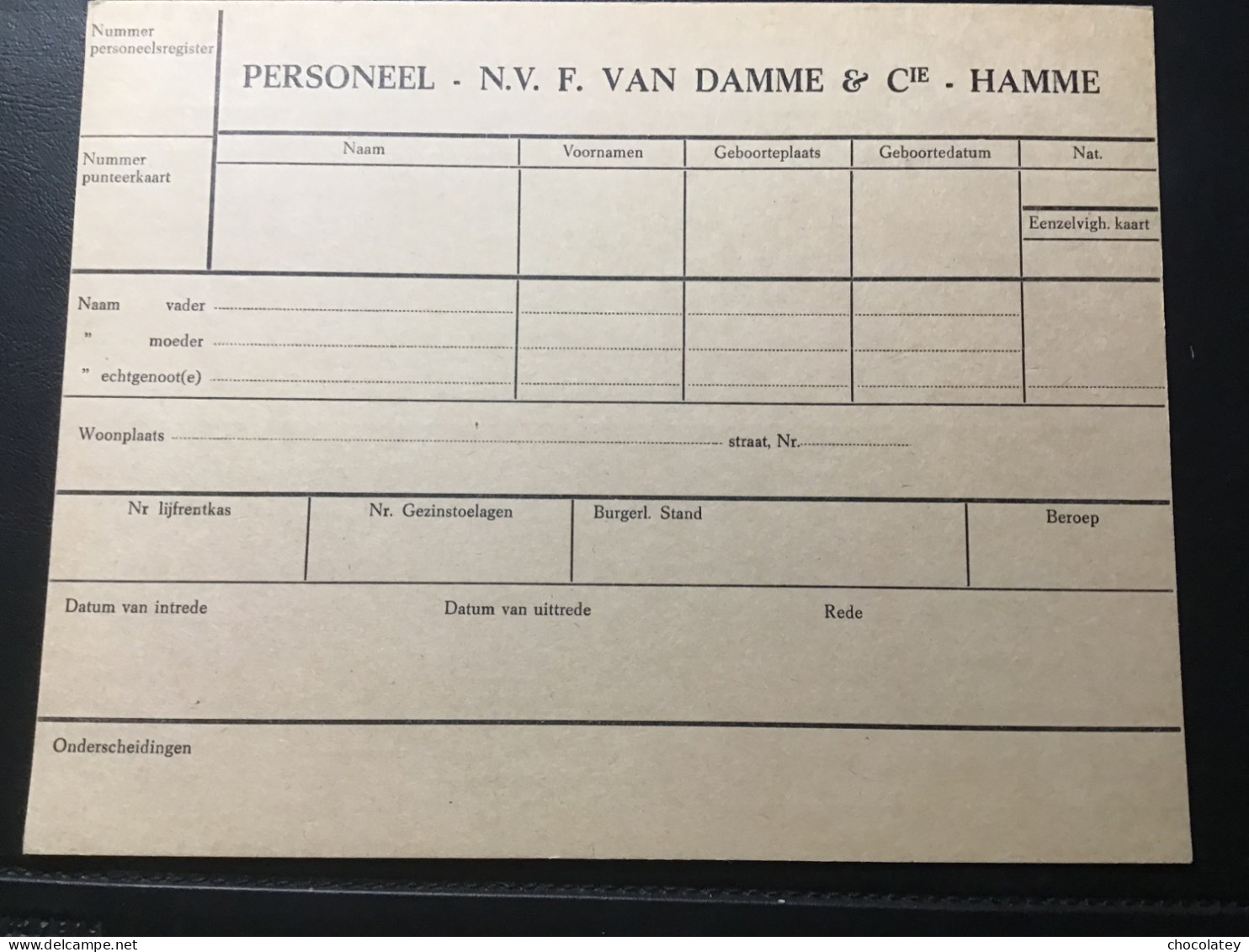 Hamme Fabriek Van Damme Personeelskaart - Textile & Vestimentaire