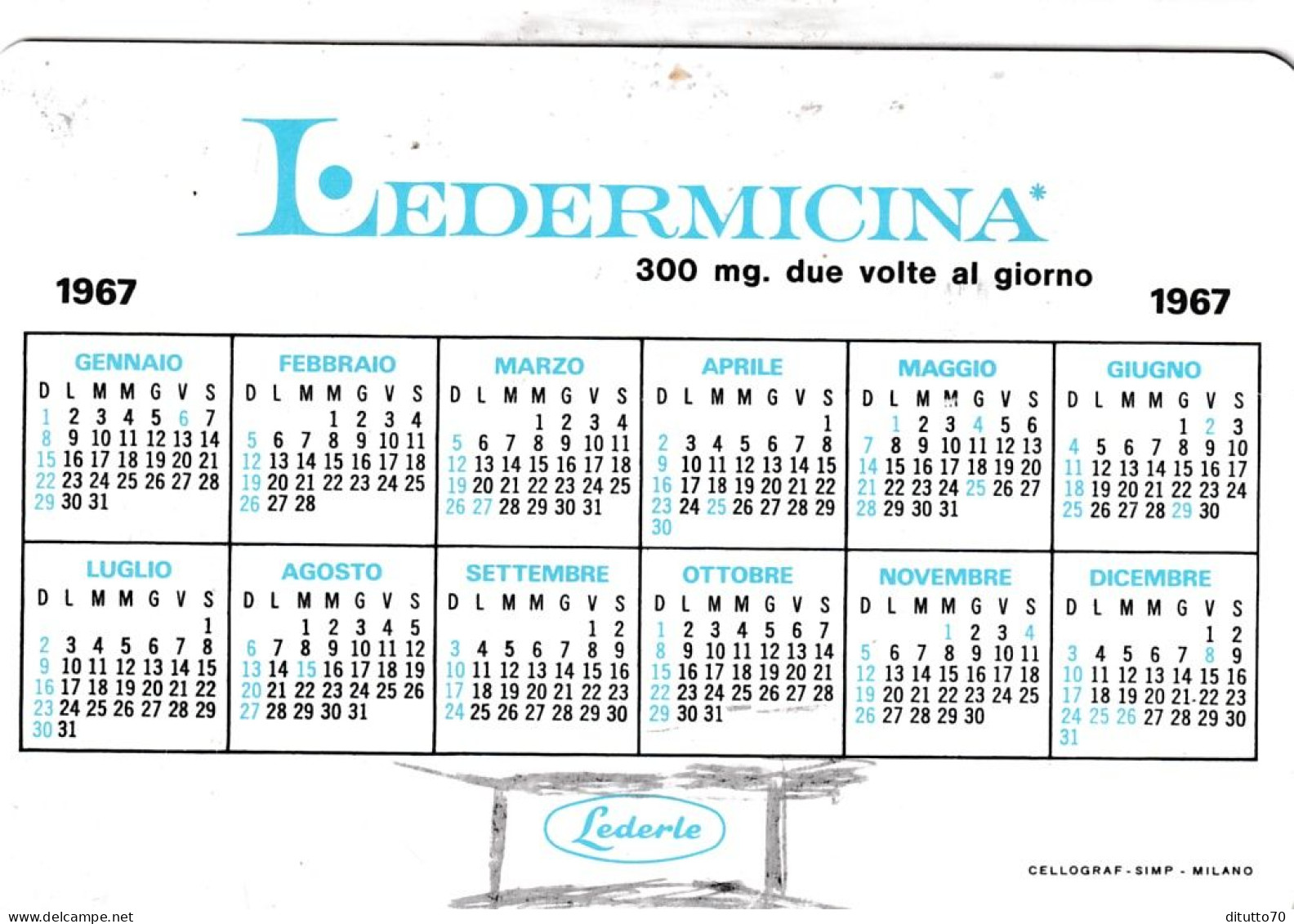 Calendarietto - Lederrmicina - Anno 1967 - Small : 1961-70