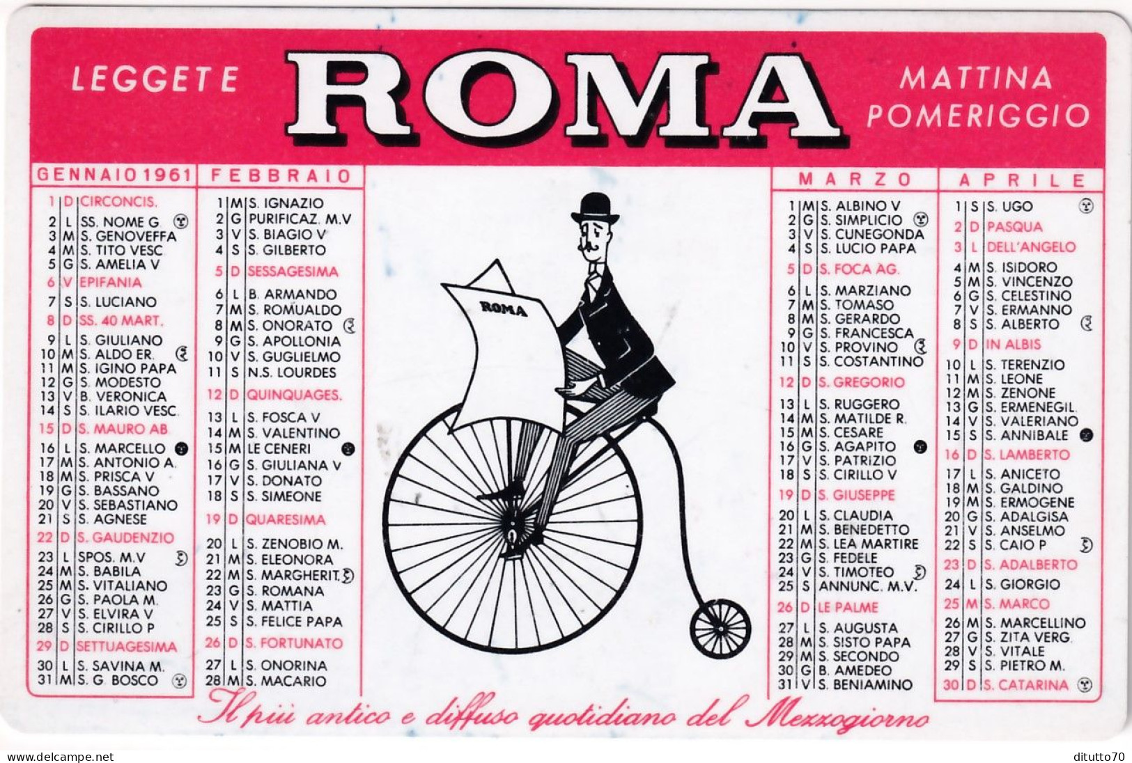 Calendarietto - Leggete Roma Quotidiano D'attualità - Napoli - Notte - Anno 1961 - Petit Format : 1961-70