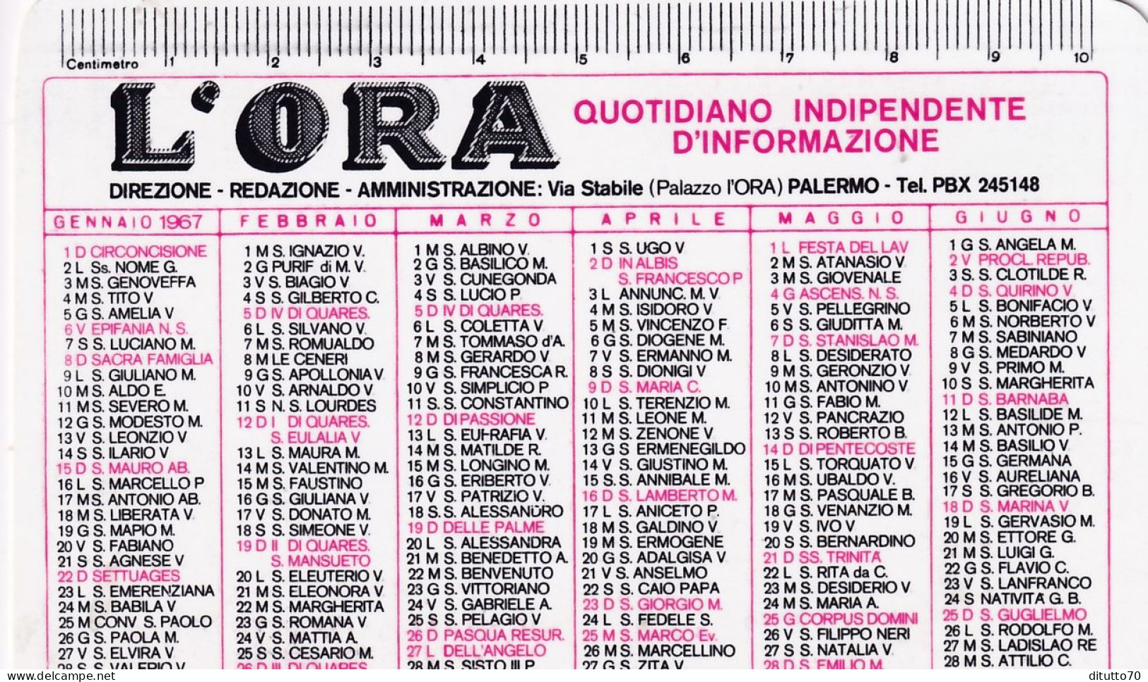 Calendarietto - L'ora Quotidiano Indipendente D'informazione - Palermo - Anno 1967 - Petit Format : 1961-70