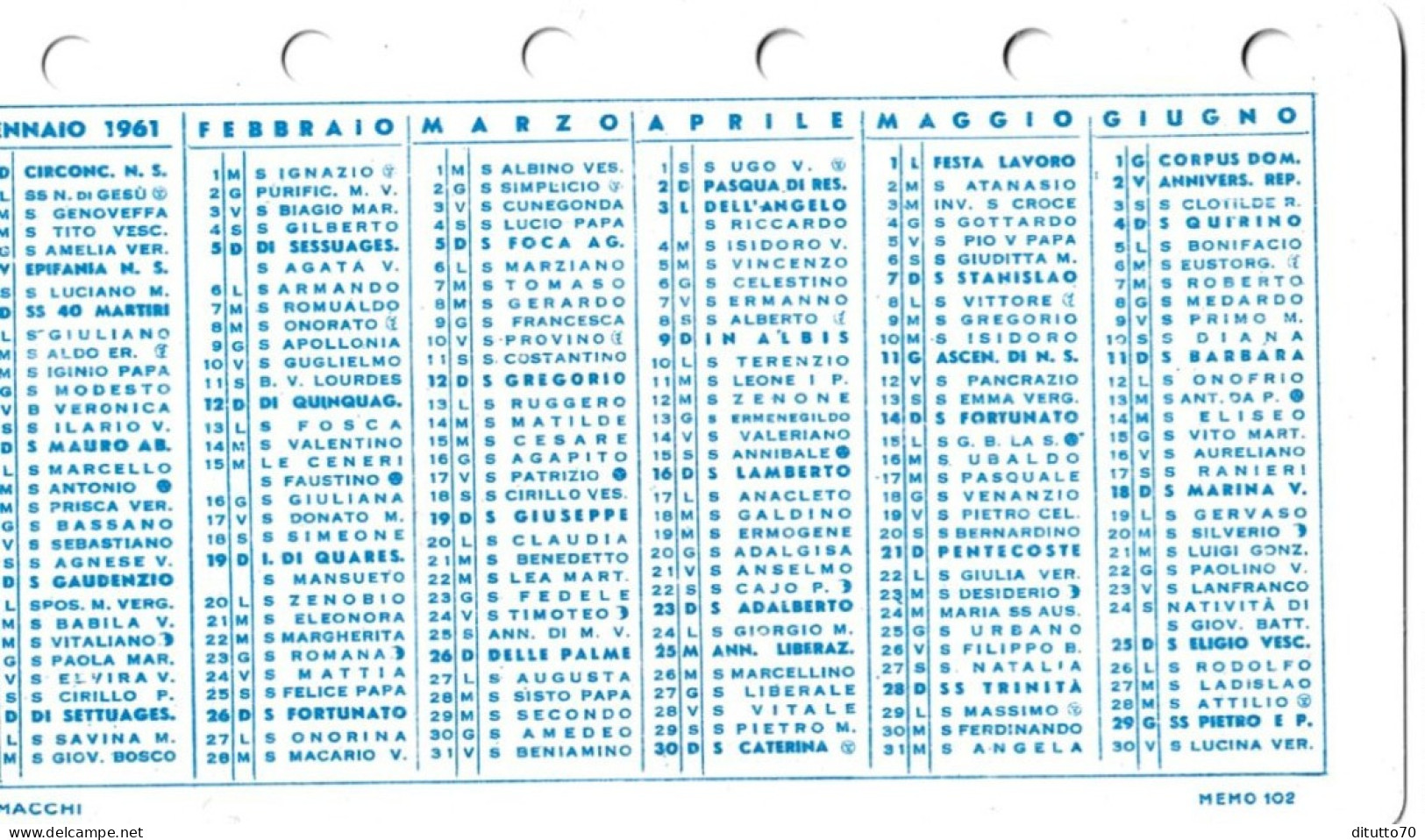 Calendarietto - Macchi - Memo 102 - Anno 1961 - Petit Format : 1961-70