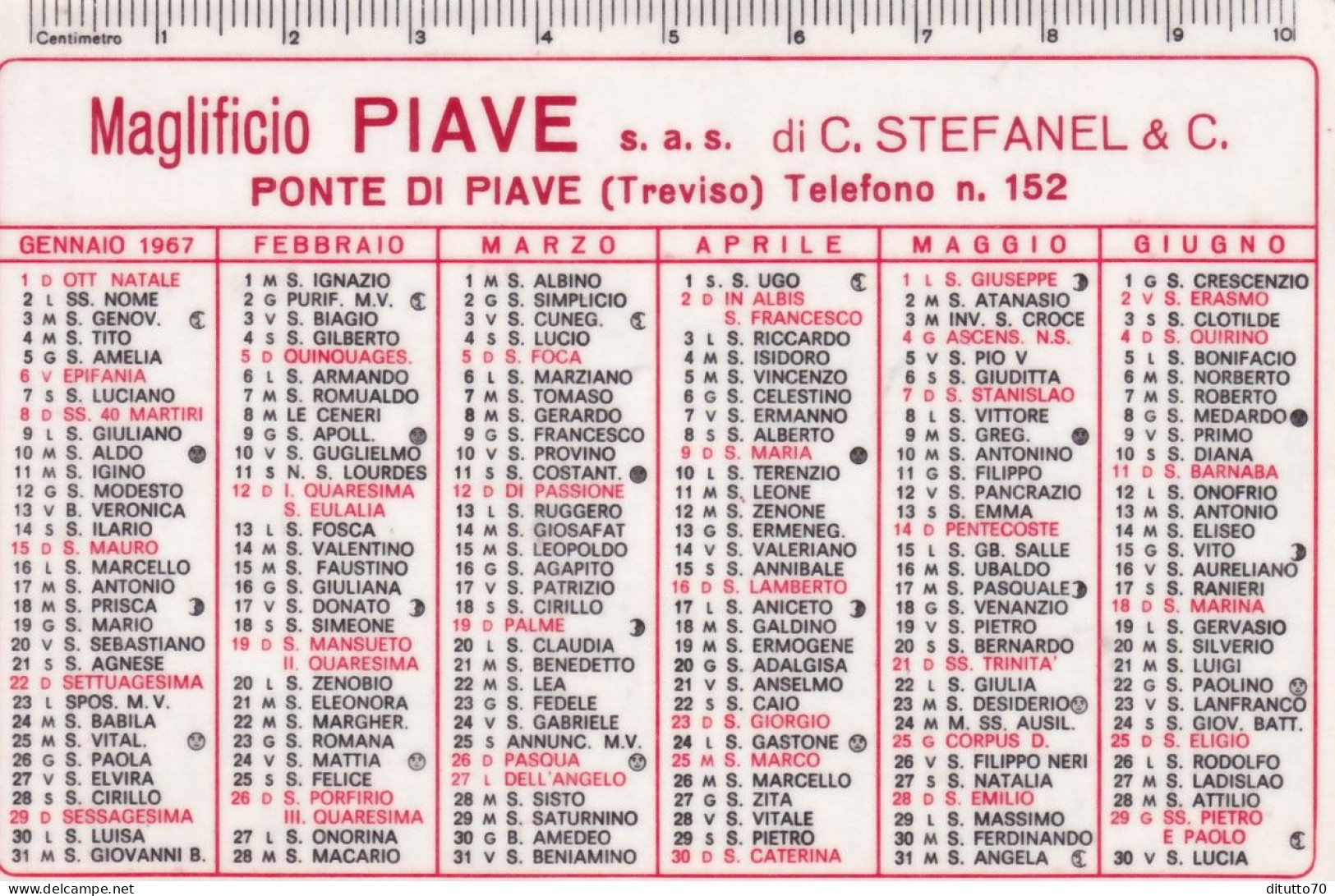 Calendarietto - Maglificio Piave - Ponte Di Piave - Treviso - Anno 1967 - Petit Format : 1961-70