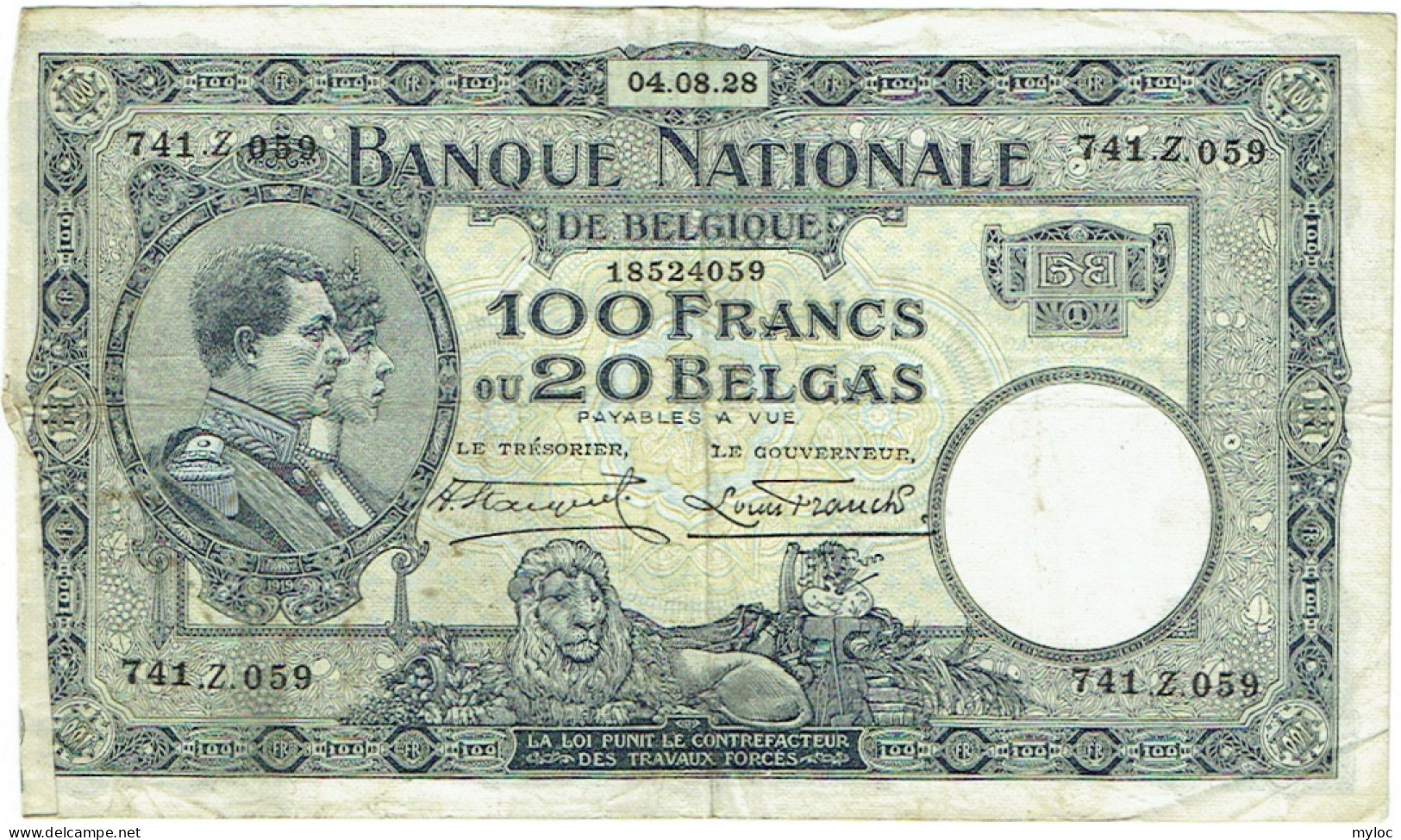 Billet Belgique. 100 Francs Ou 20 Belgas. 04.08.28 - 100 Frank & 100 Frank-20 Belgas