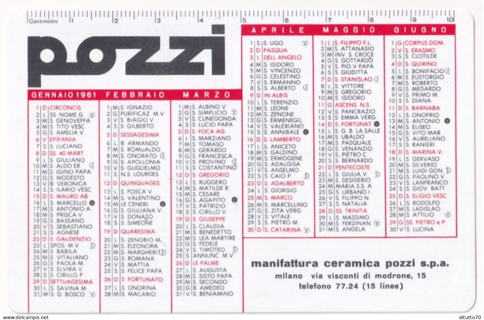 Calendarietto - Manifattura Ceramica Pozzi S.pa. - Milano - Anno 1961 - Petit Format : 1961-70