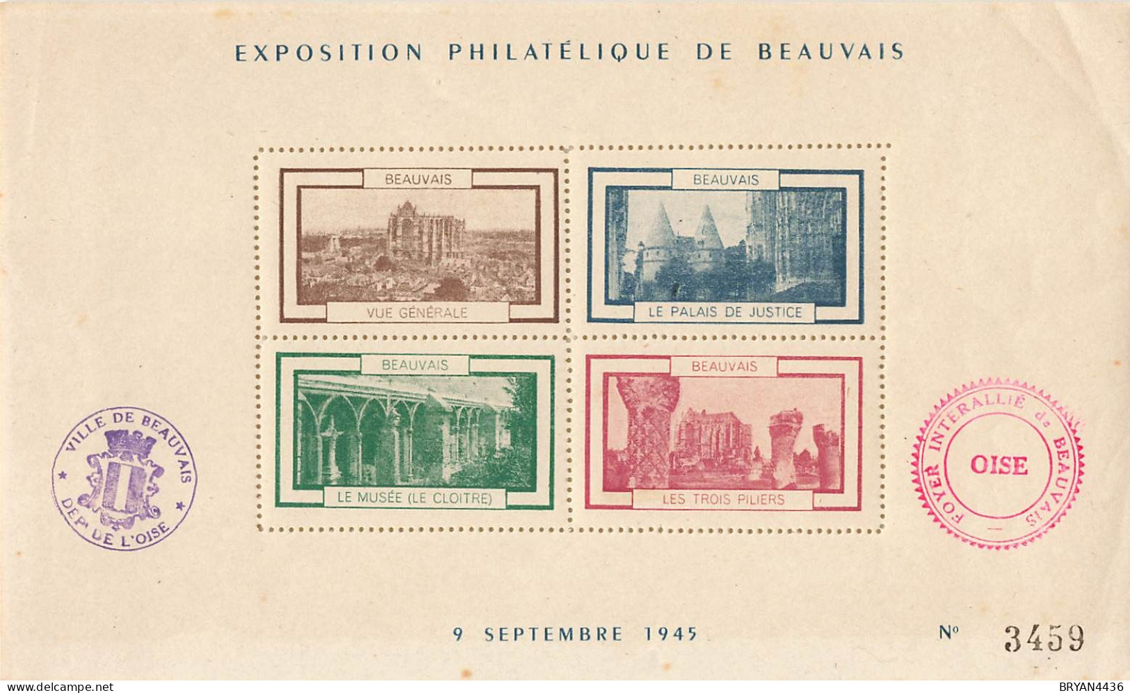 60 - BEAUVAIS - EXPOSITION PHILATELIQUE - 1945 - BLOC Numéroté, QUATRE TIMBRES - Beaux Cachets En Marge - - Expositions Philatéliques