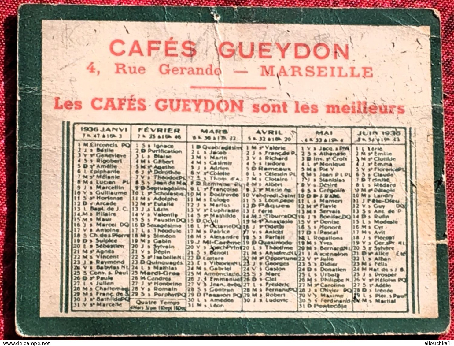 Calendrier Petit Format : 1936- Publicité Cafés Gueydon 4 Rue Gérando Marseille-Vieux Papiers Publicitaire - Petit Format : 1921-40