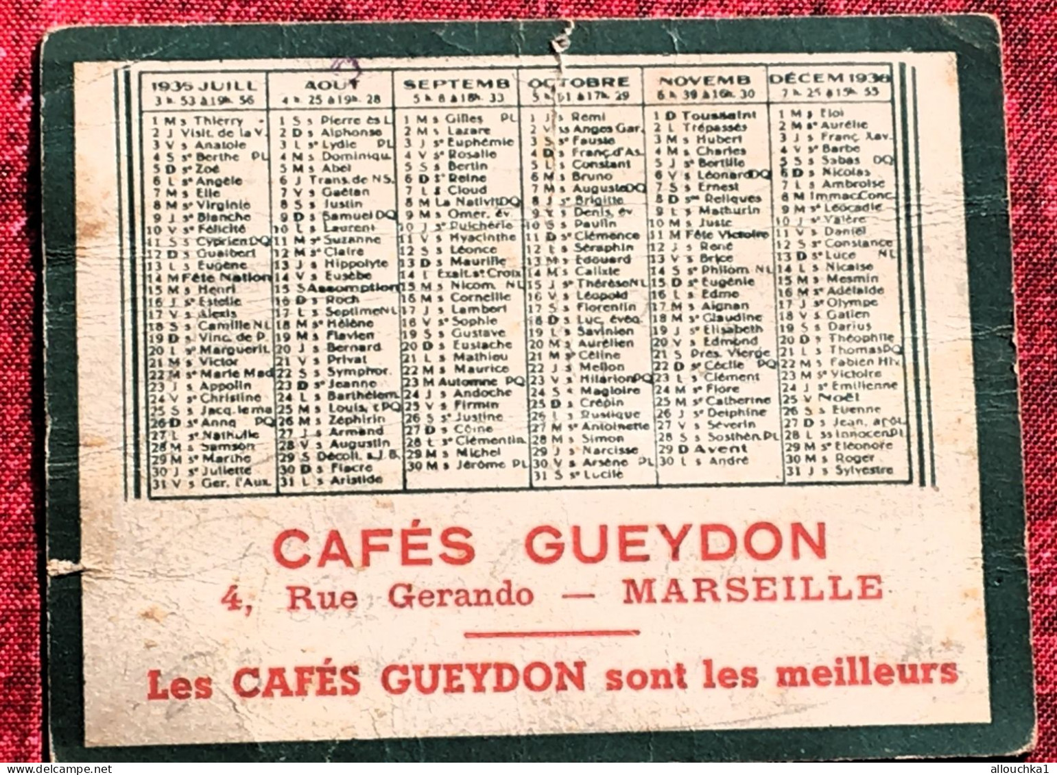 Calendrier Petit Format : 1936- Publicité Cafés Gueydon 4 Rue Gérando Marseille-Vieux Papiers Publicitaire - Klein Formaat: 1921-40