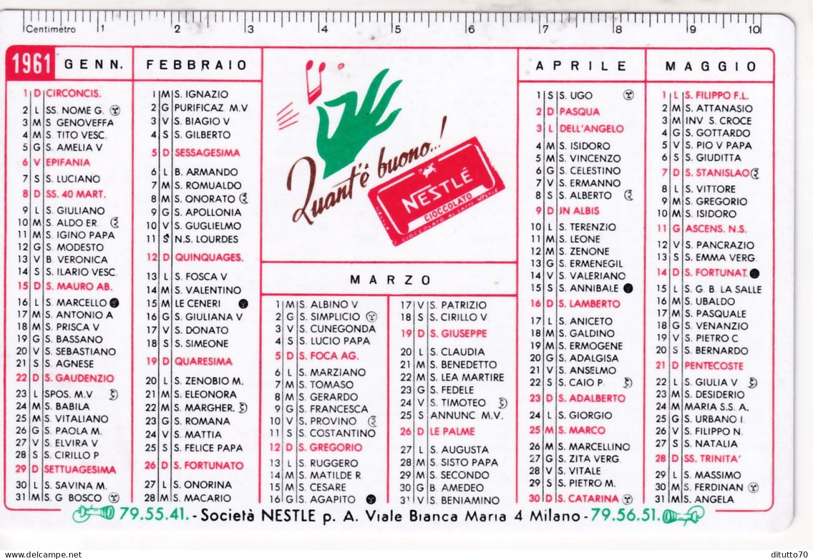 Calendarietto - Nestle - Anno 1961 - Petit Format : 1961-70
