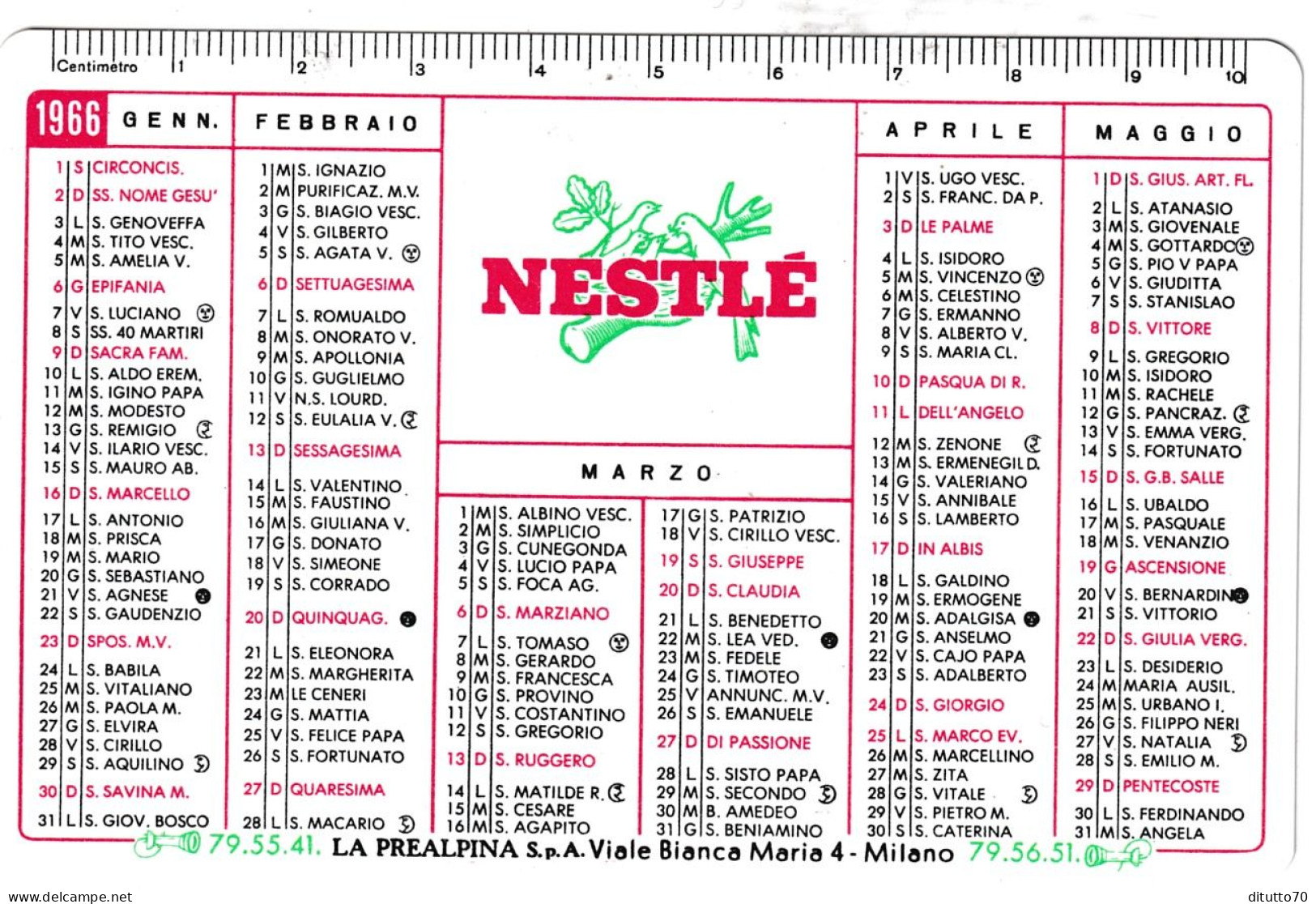 Calendarietto - Nestle - Anno 1966 - Petit Format : 1961-70