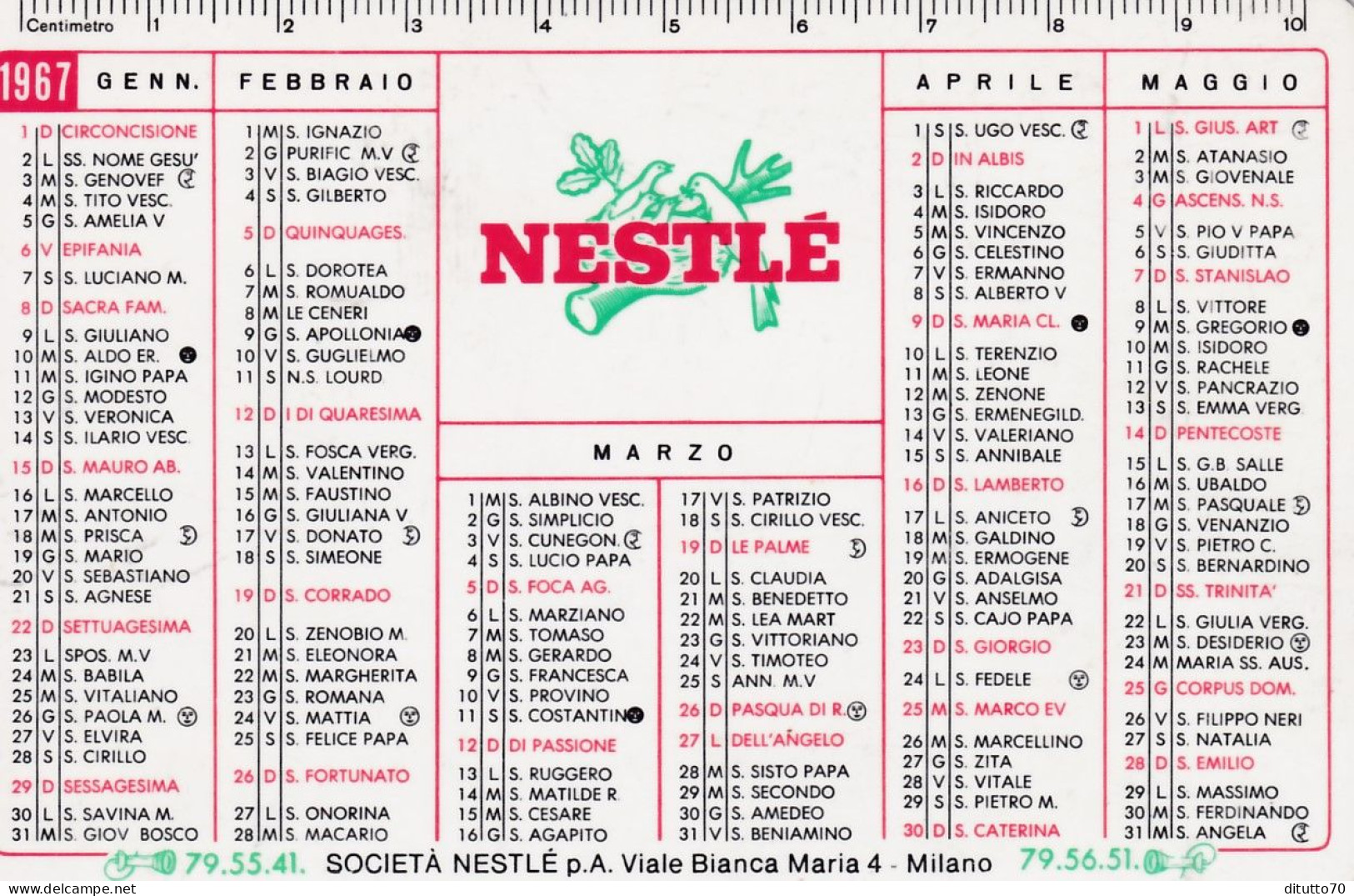 Calendarietto - Nestle - Anno 1967 - Petit Format : 1961-70
