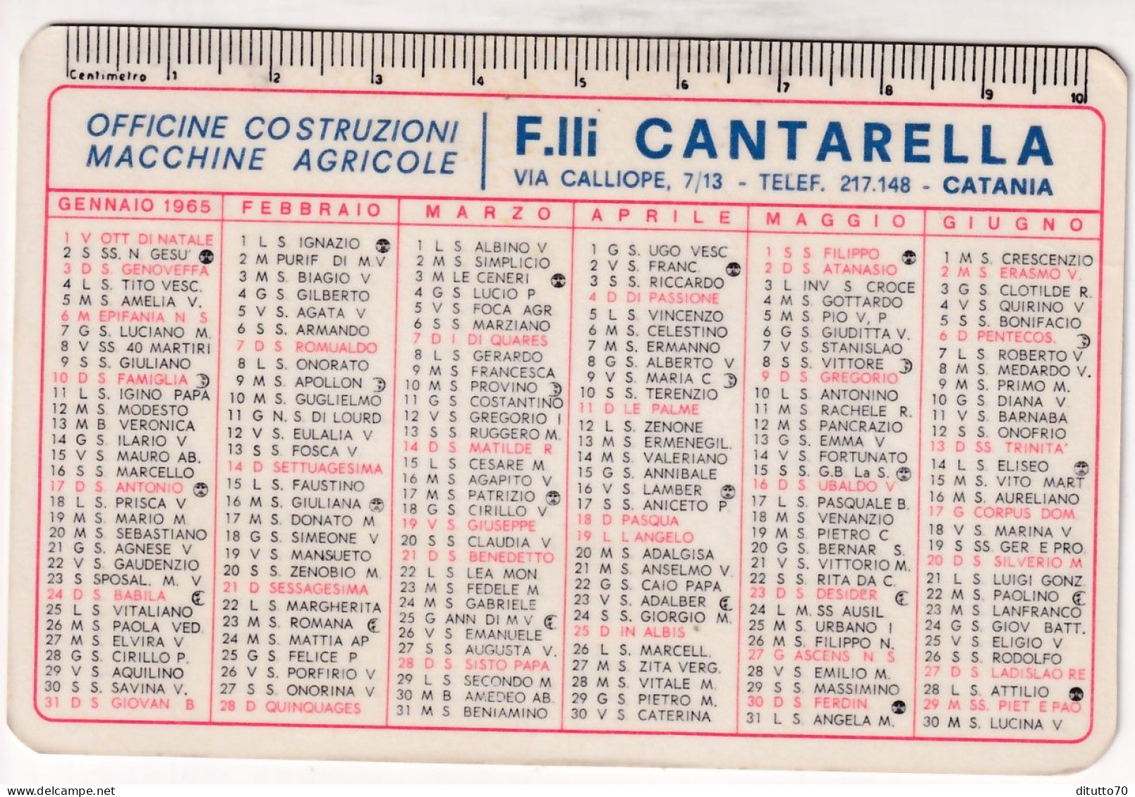 Calendarietto - Officine Costruzioni Macchine Agricole - F.lli Cantarella - Catania - Anno 1965 - Small : 1961-70