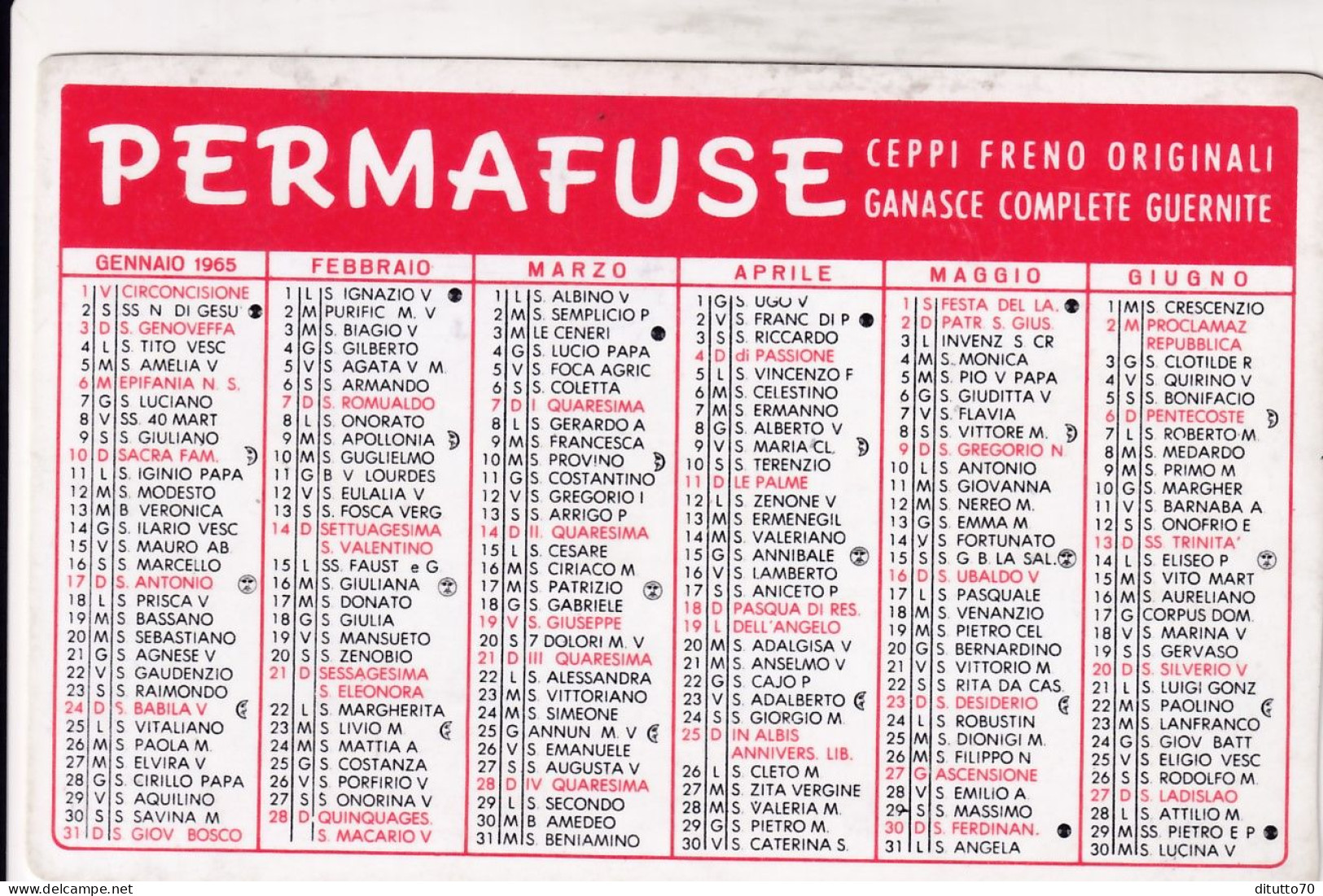 Calendarietto - Permafuse - Anno 1965 - Kleinformat : 1961-70