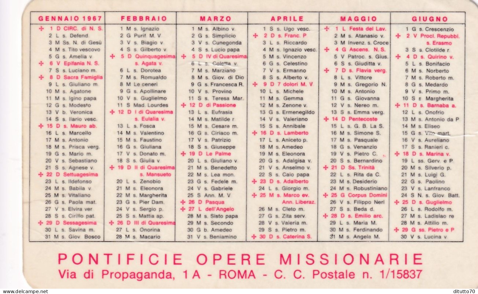 Calendarietto - Pontifice Opere Missionarie - Roma - Anno 1967 - Petit Format : 1961-70