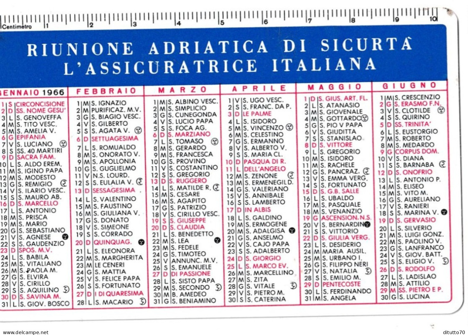 Calendarietto - Riunione Adriatica Di Sicurtà L'assicuratrice Italiana - Anno 1966 - Petit Format : 1961-70