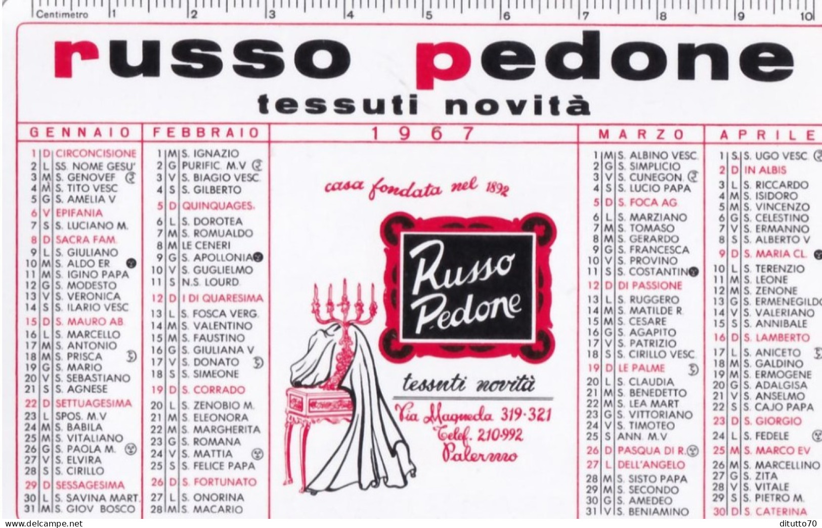 Calendarietto - Russo Pedone - Palermo - Anno 1967 - Petit Format : 1961-70