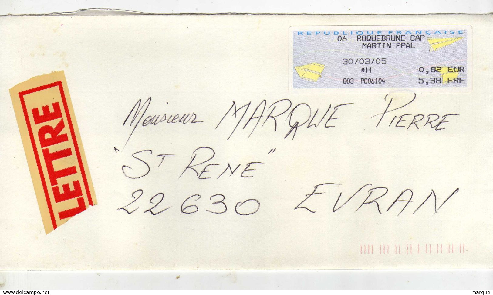 Enveloppe FRANCE Avec Vignette Affranchissement 06 ROQUEBRUNE CAP MARTIN PPAL 30/03/2005 - 2000 « Avions En Papier »