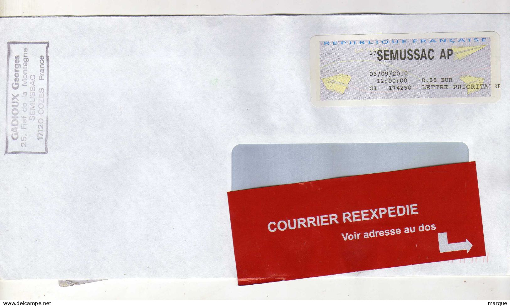 Enveloppe FRANCE Avec Vignette Affranchissement Oblitération SEMUSSAC AP 06/09/2010 - 2000 Type « Avions En Papier »