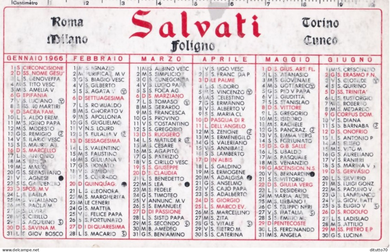 Calendarietto - Salvati - Foligno - Anno 1966 - Formato Piccolo : 1961-70