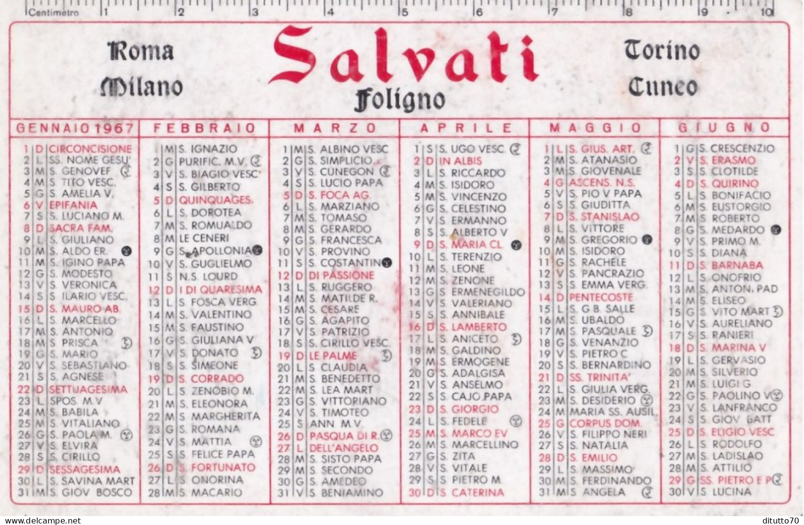 Calendarietto - Salvati - Foligno - Anno 1967 - Kleinformat : 1961-70