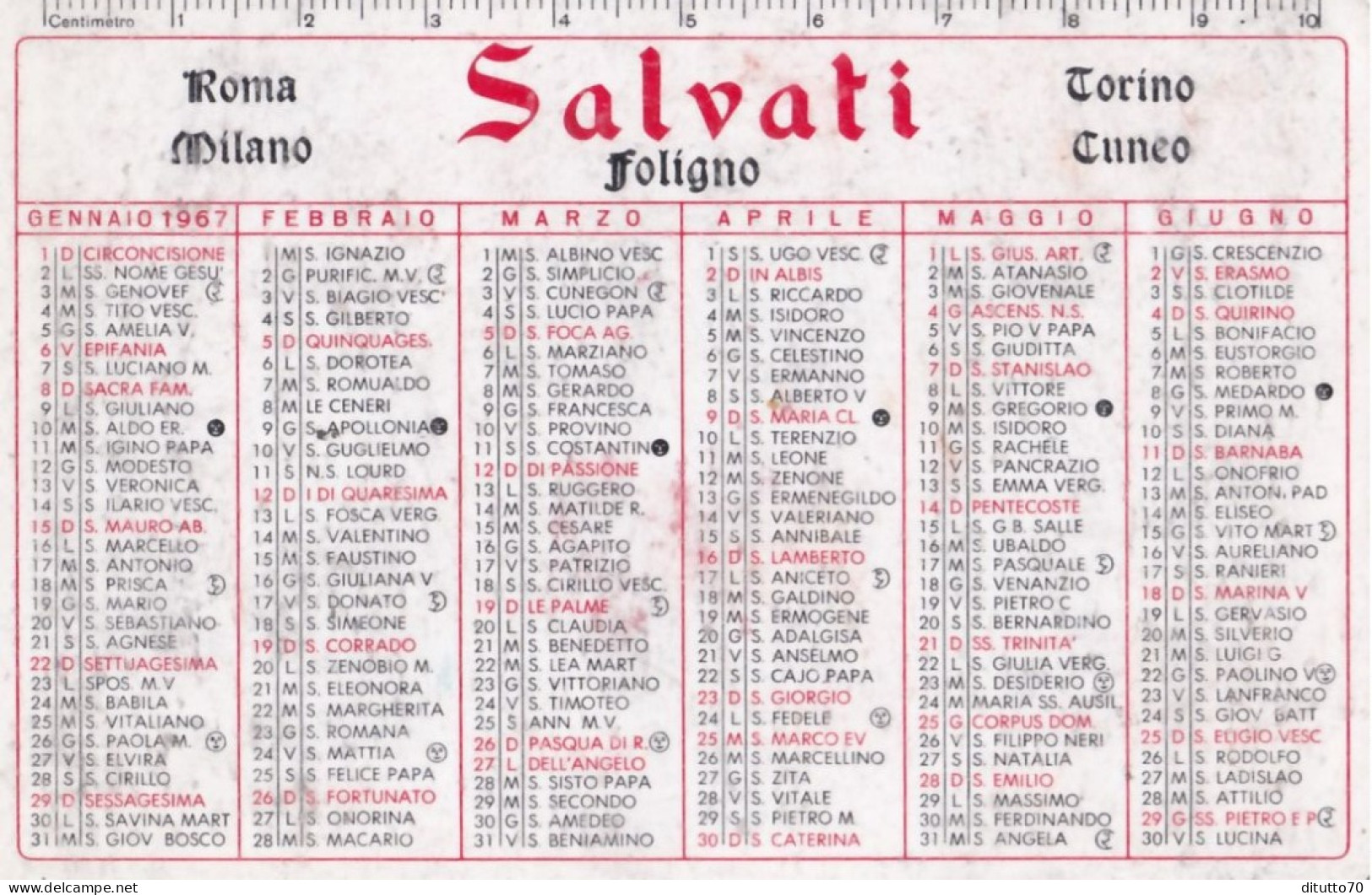 Calendarietto - Salvati - Foligno - Anno 1967 - Petit Format : 1961-70