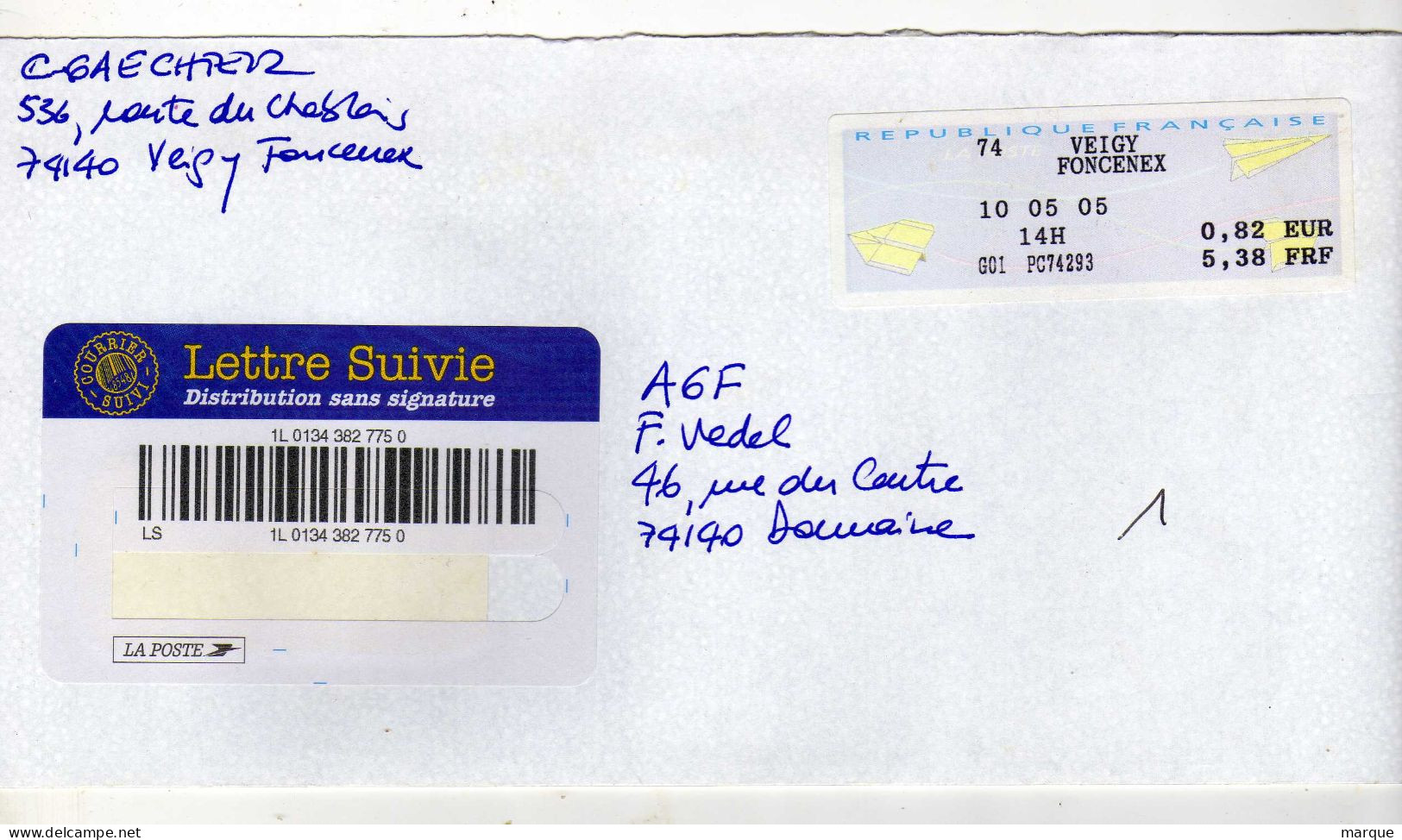 Enveloppe FRANCE Avec Vignette Affranchissement Oblitération74 VEIGY FONCENEX 10/05/2005 - 2000 Type « Avions En Papier »