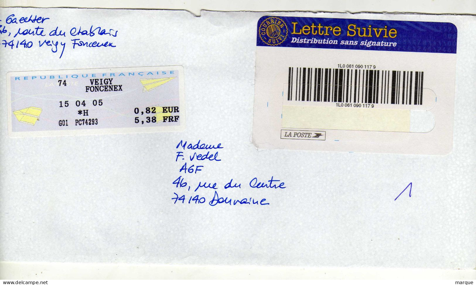 Enveloppe FRANCE Avec Vignette Affranchissement Oblitération 74 VEIGY FONCENEX 15/04/2005 - 2000 « Avions En Papier »