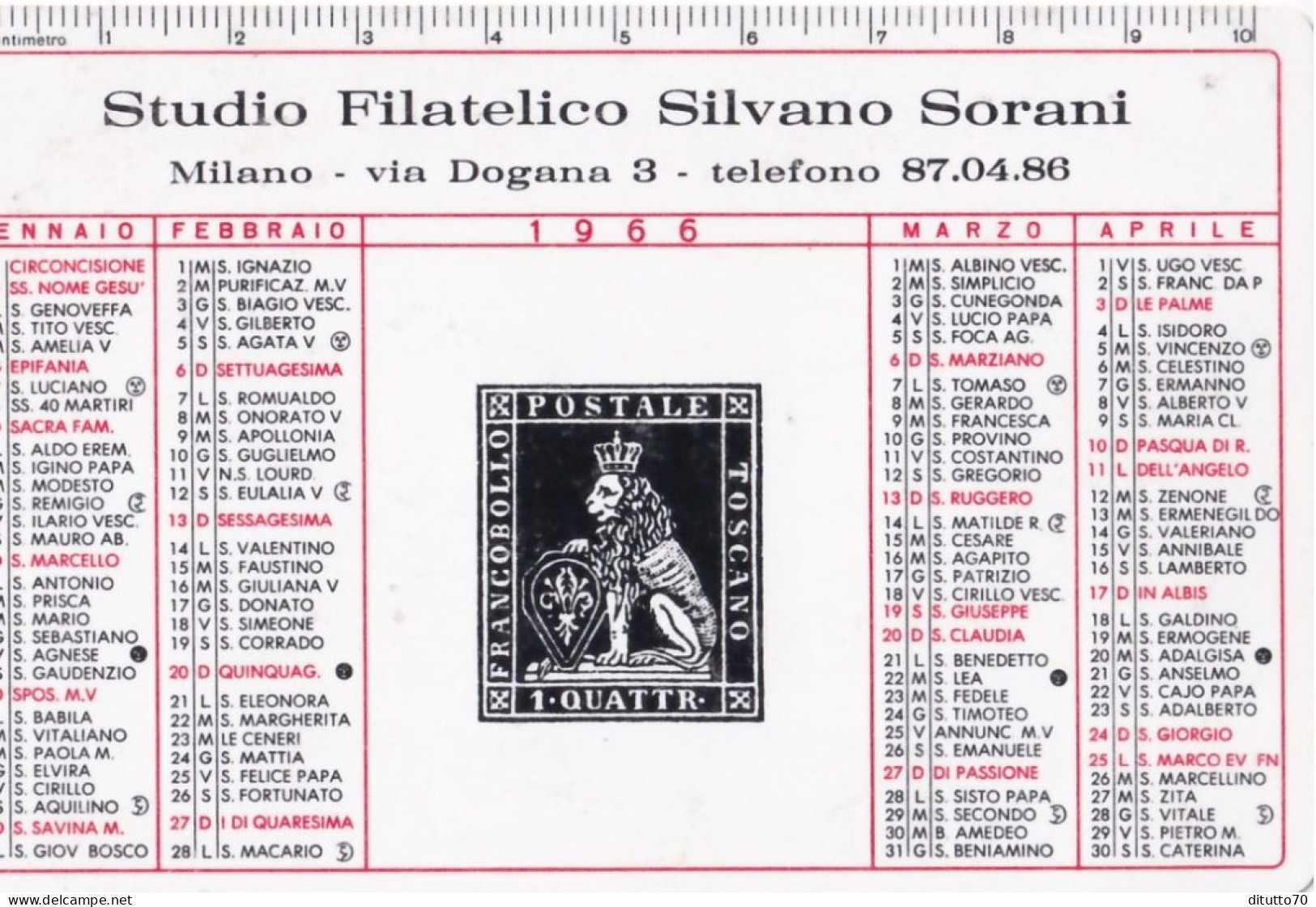 Calendarietto - Studio Filatetico Silvano Sorani - Milano - Anno 1966 - Formato Piccolo : 1961-70