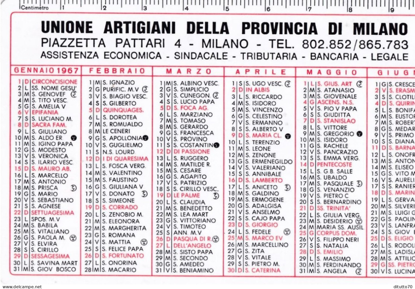 Calendarietto - Unione Artigiani Della Provincia Di Milano - Anno 1967 - Small : 1961-70